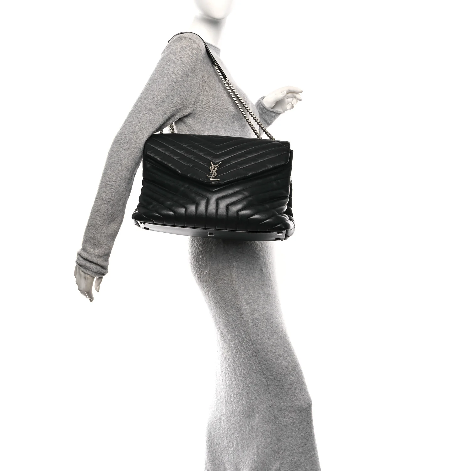 Calfskin Y Quilted Monogram Large Loulou Chain Satchel Black - Image 2