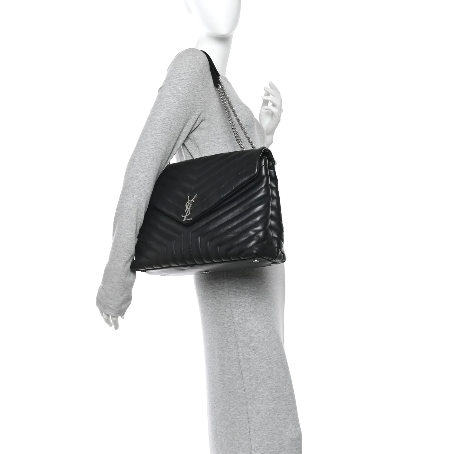 Calfskin Y Quilted Monogram Large Loulou Chain Satchel Black - Image 2