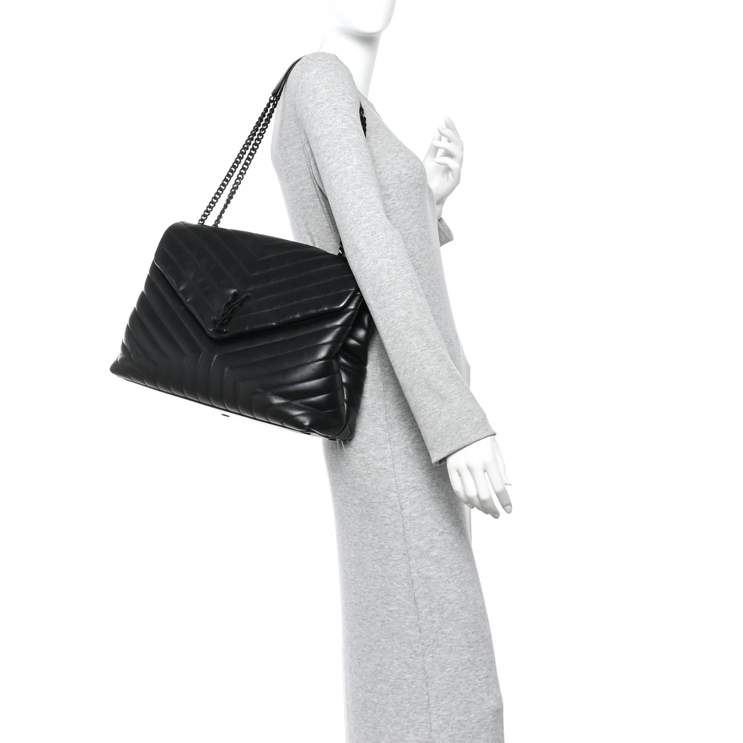 Calfskin Y Quilted Monogram Large Loulou Chain Satchel Black - Image 2