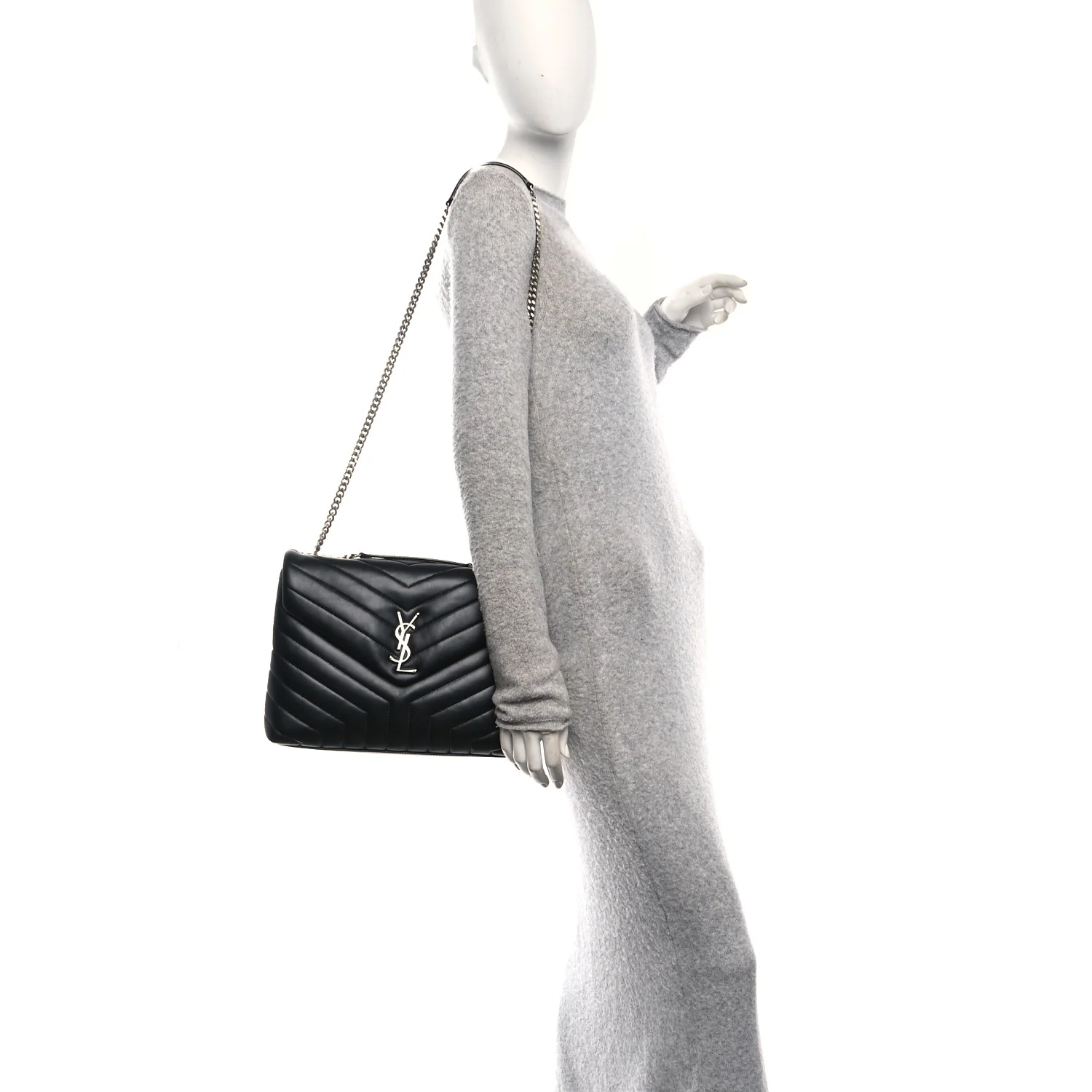 Calfskin Y Quilted Monogram Medium Loulou Chain Satchel Black - Image 2