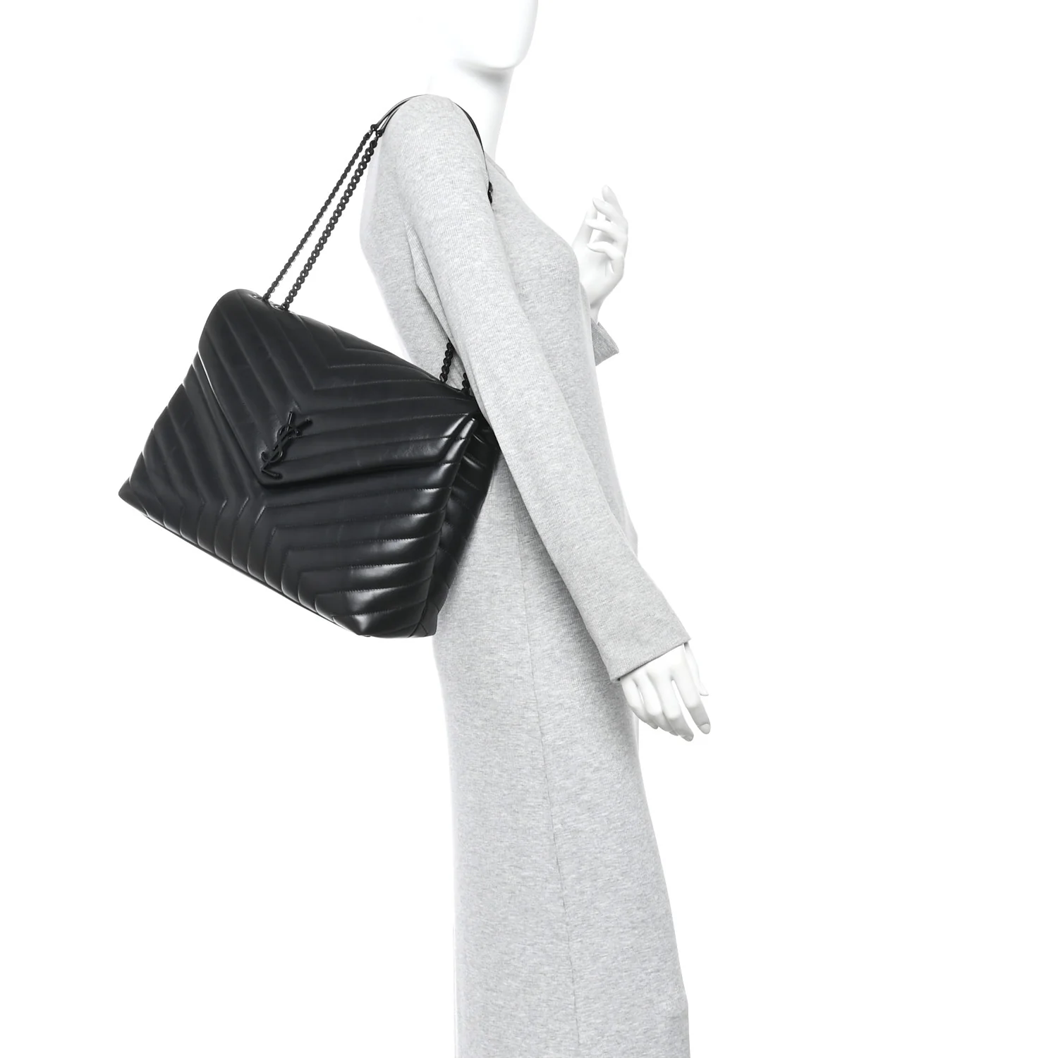 Calfskin Y Quilted Monogram Monochrome Large Loulou Chain Satchel Black - Image 2