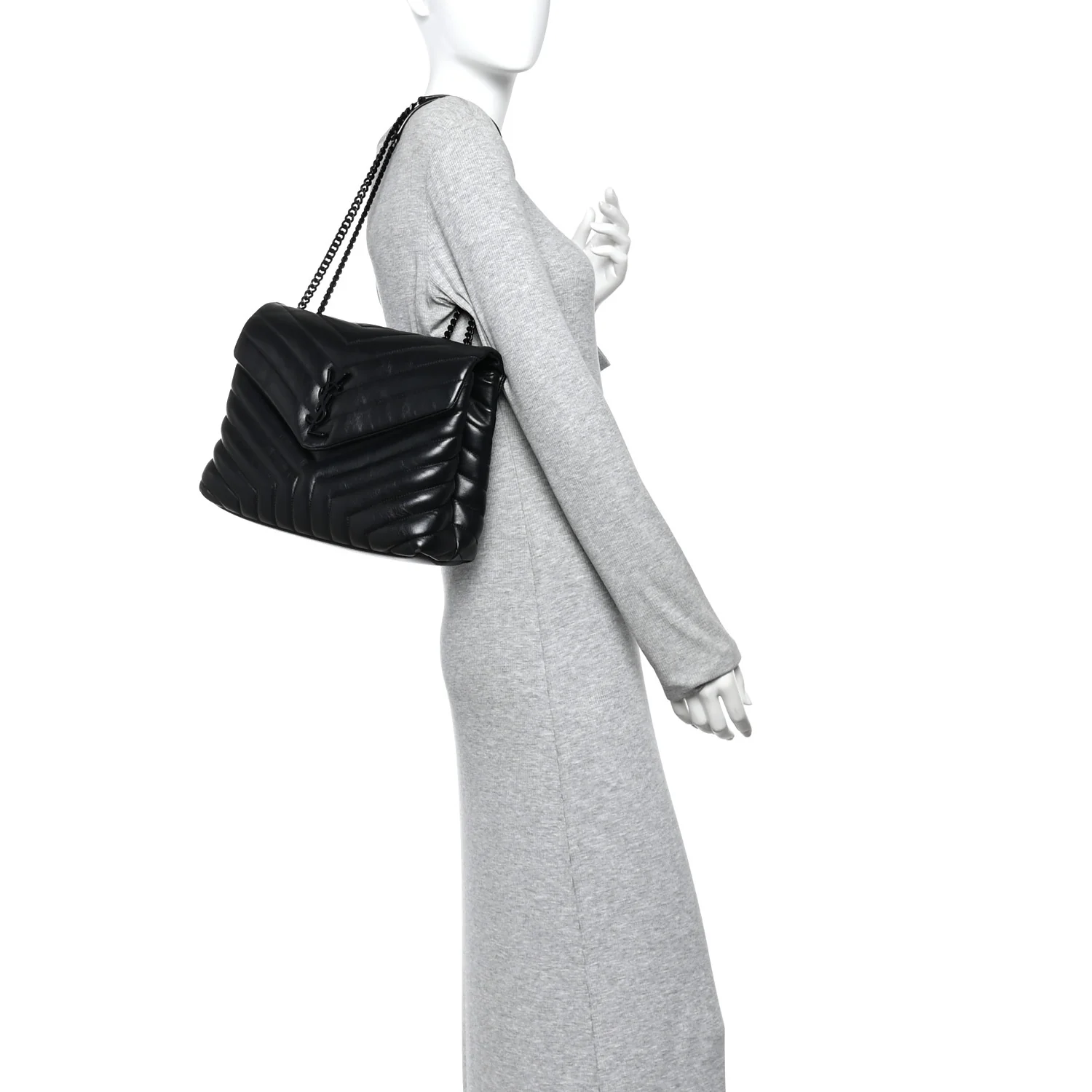 Calfskin Y Quilted Monogram Monochrome Medium Loulou Chain Satchel Black - Image 2