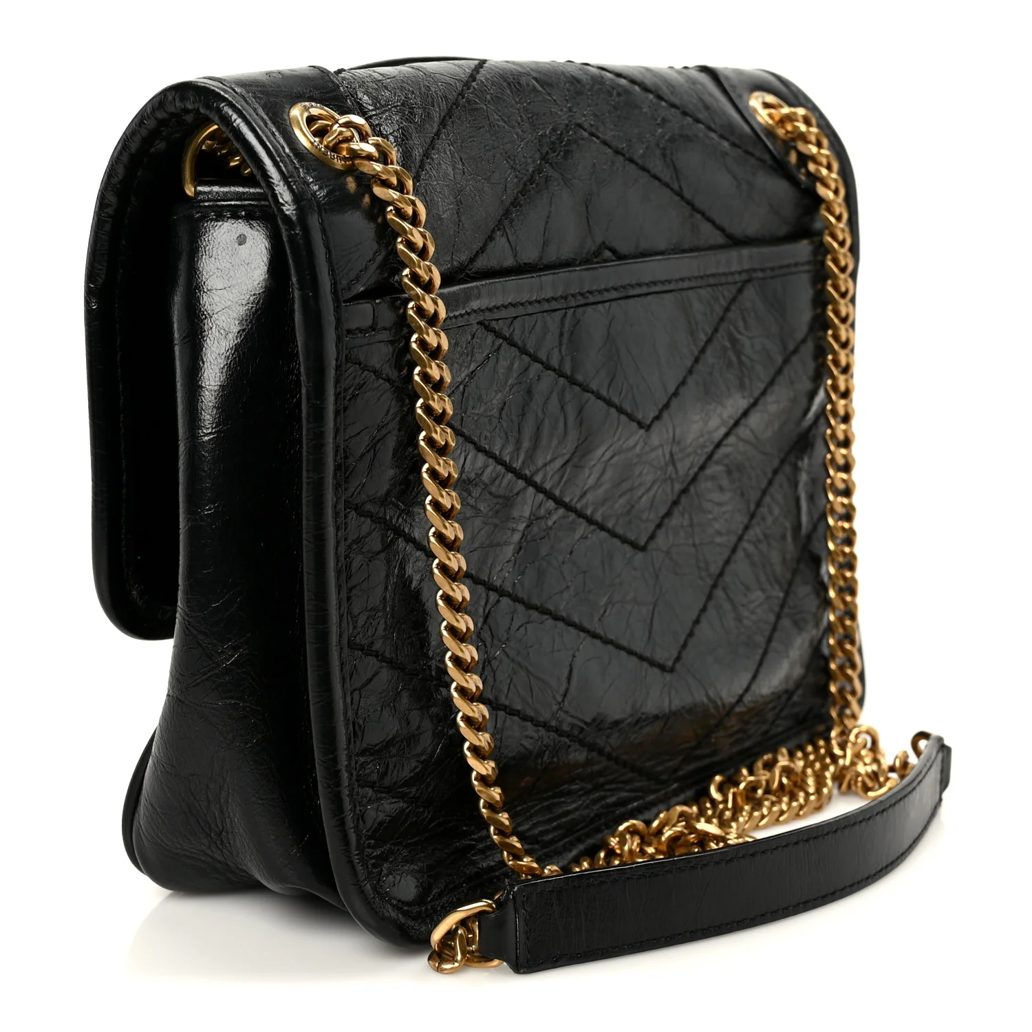 Crinkled Calfskin Matelasse Monogram Baby Niki Chain Satchel Black - Image 3