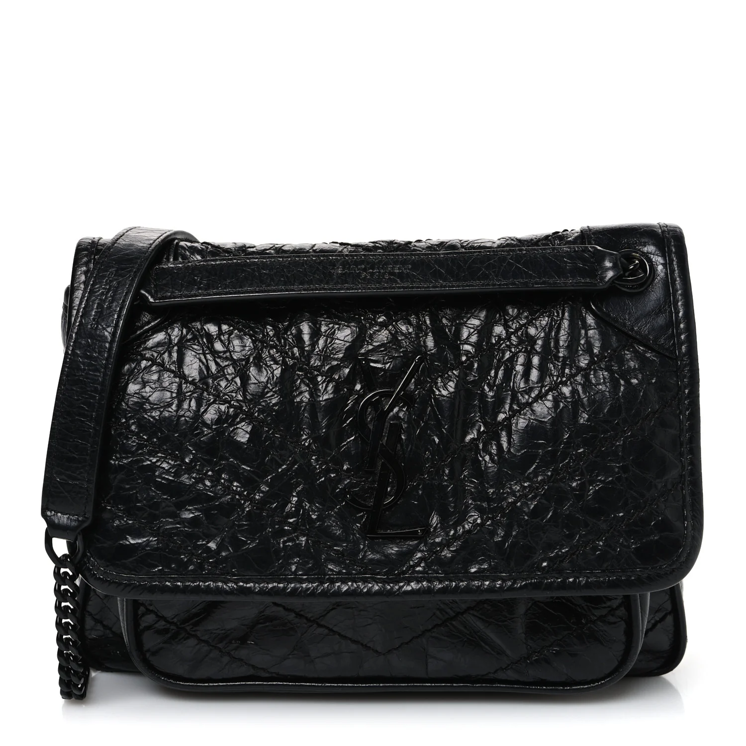 Crinkled Calfskin Matelasse Monogram Baby Niki Chain Satchel Black