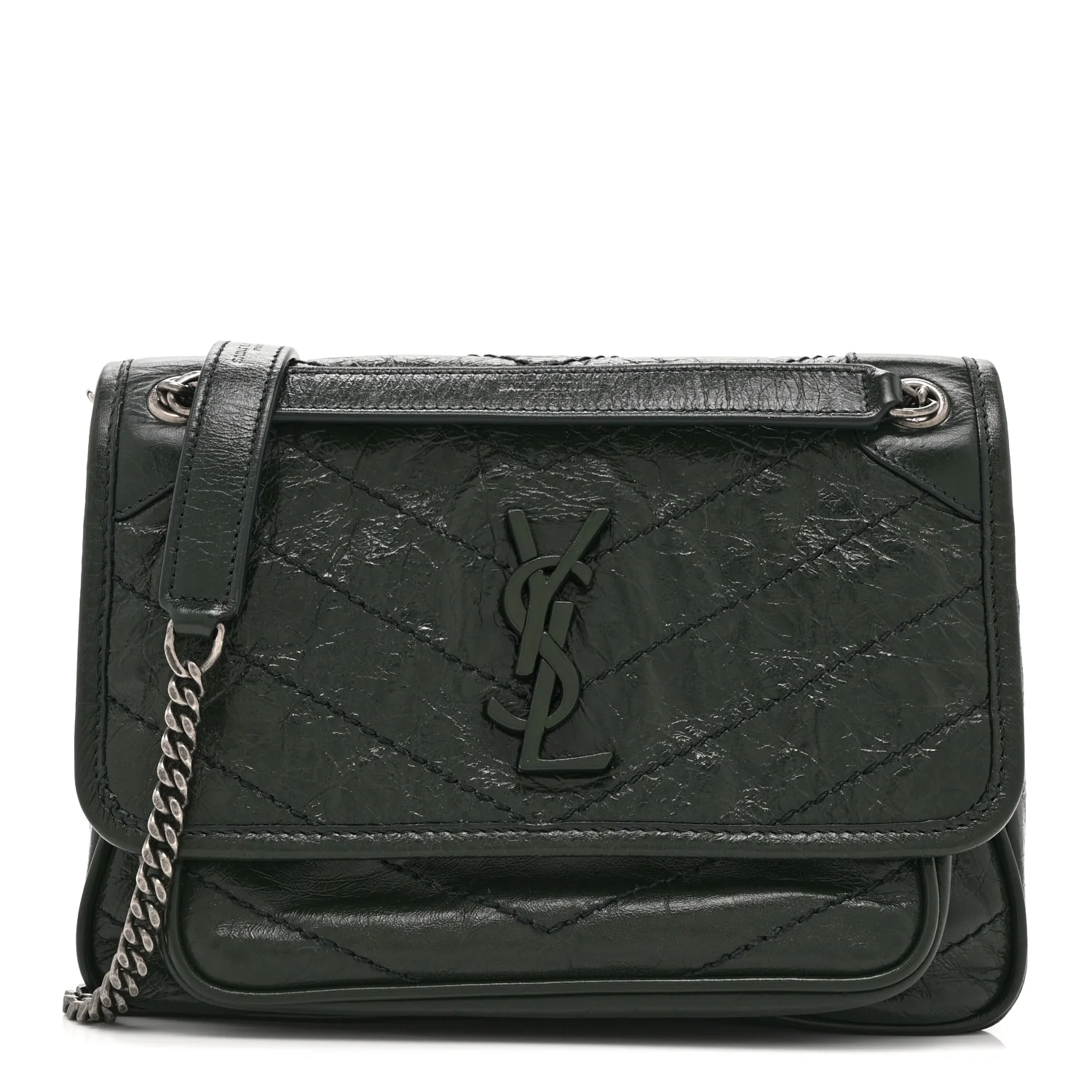 Crinkled Calfskin Matelasse Monogram Baby Niki Chain Satchel Dark Green