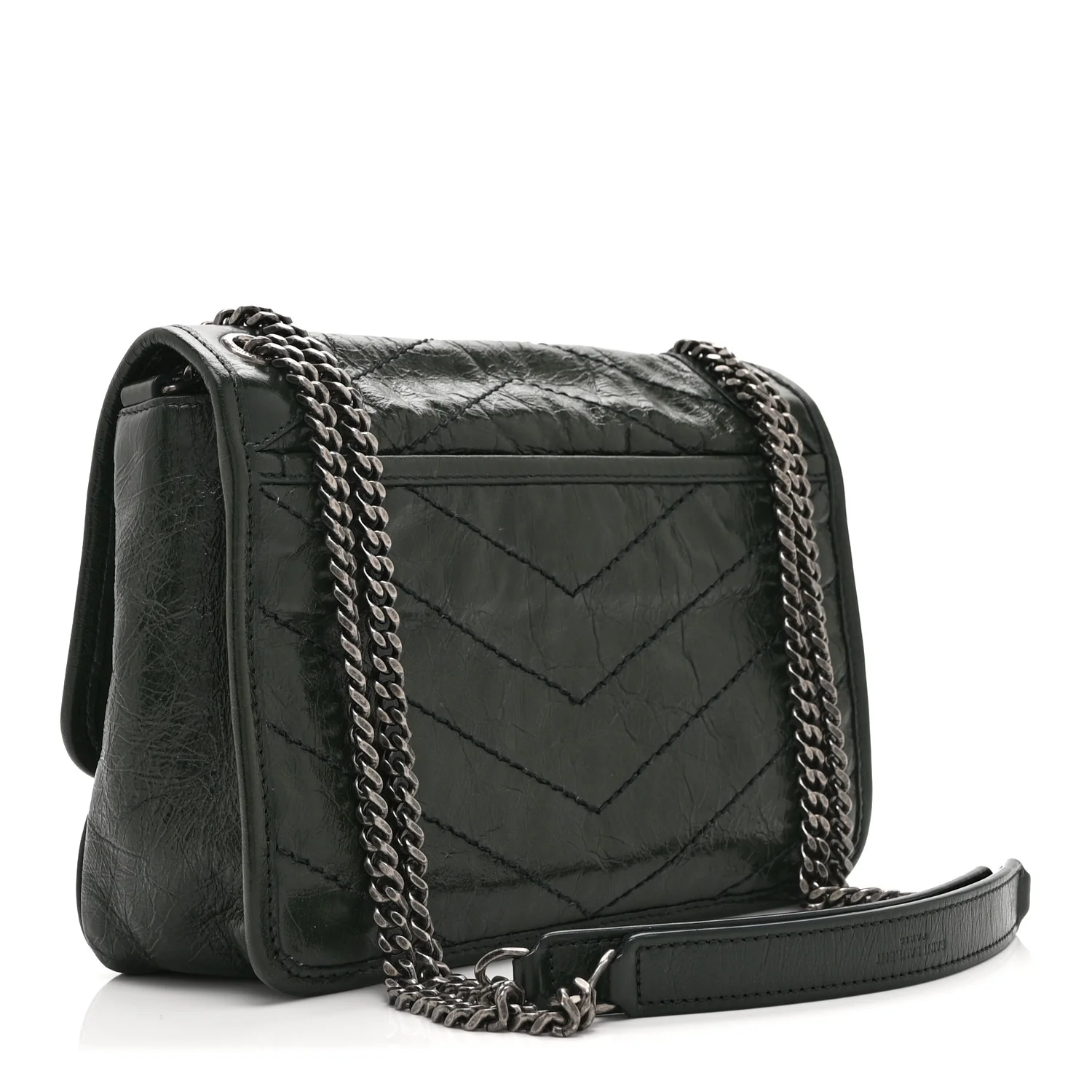 Crinkled Calfskin Matelasse Monogram Baby Niki Chain Satchel Dark Green - Image 3