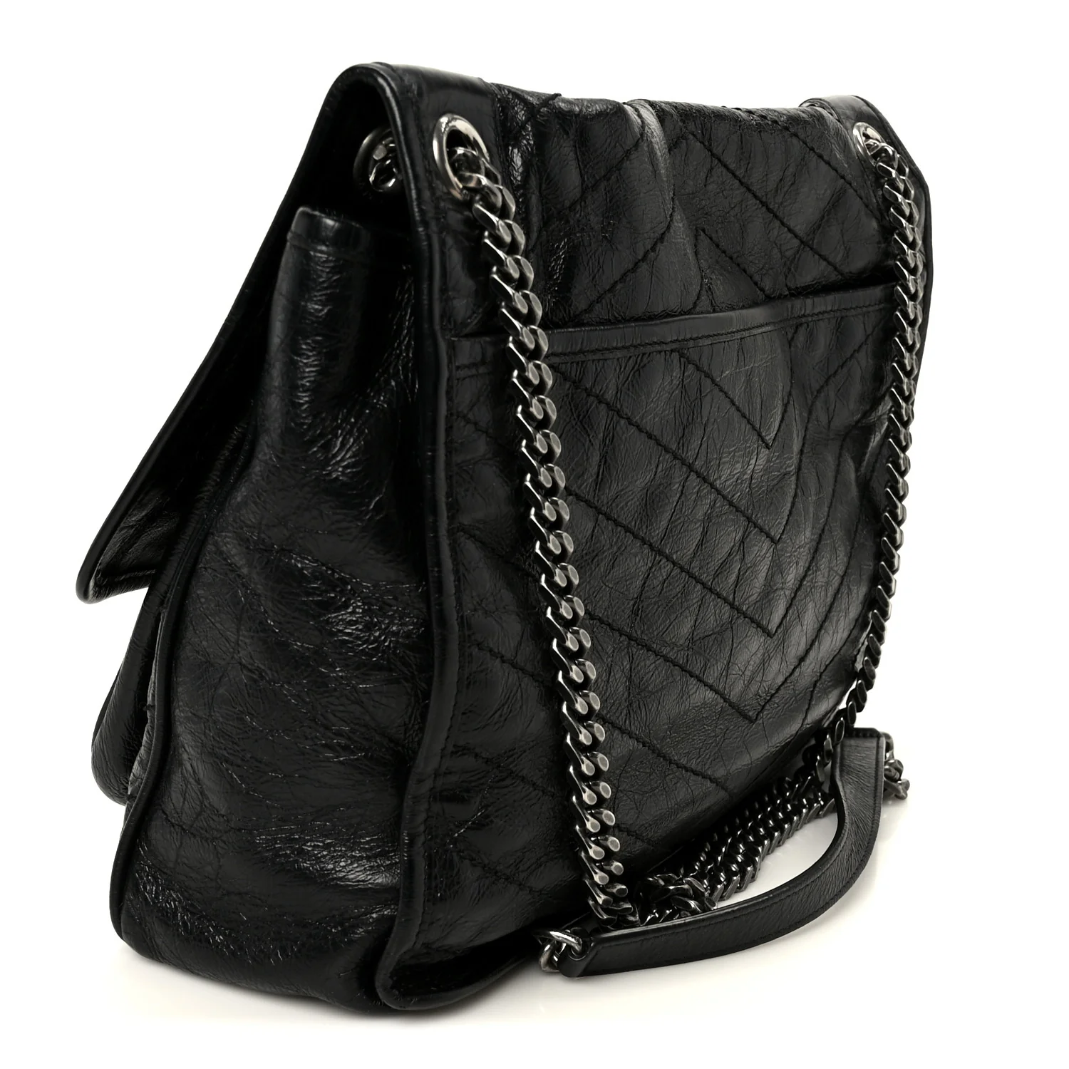 Crinkled Calfskin Matelasse Monogram Large Niki Chain Satchel Black - Image 3