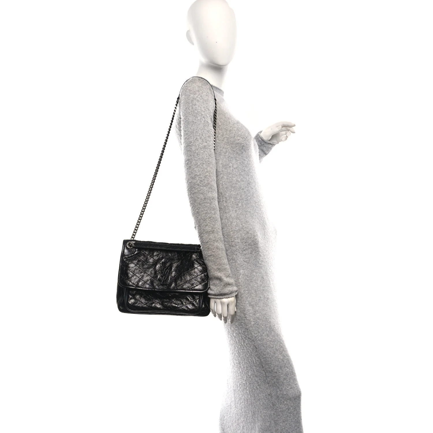 Crinkled Calfskin Matelasse Monogram Medium Niki Chain Satchel Black - Image 2