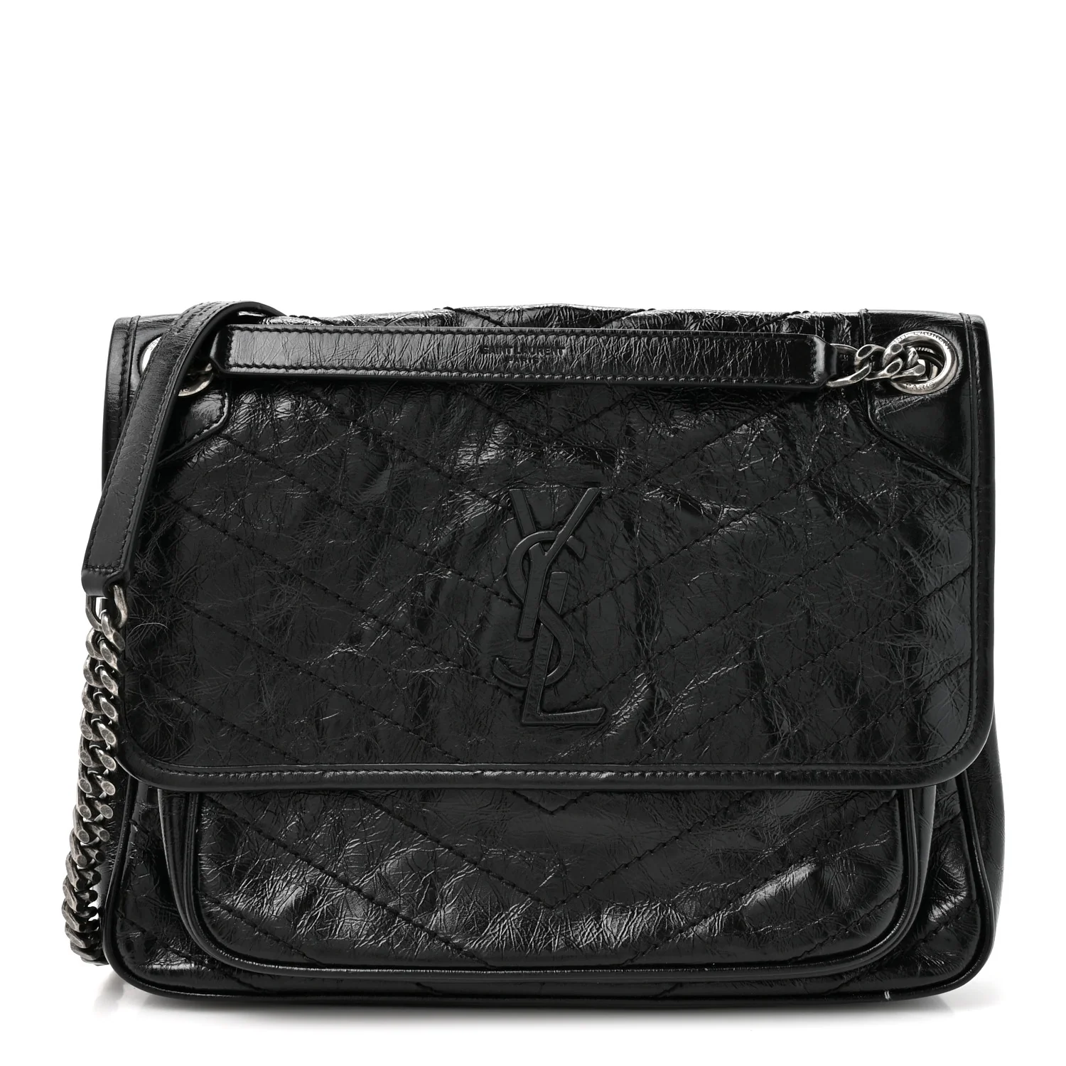 Crinkled Calfskin Matelasse Monogram Medium Niki Chain Satchel Black