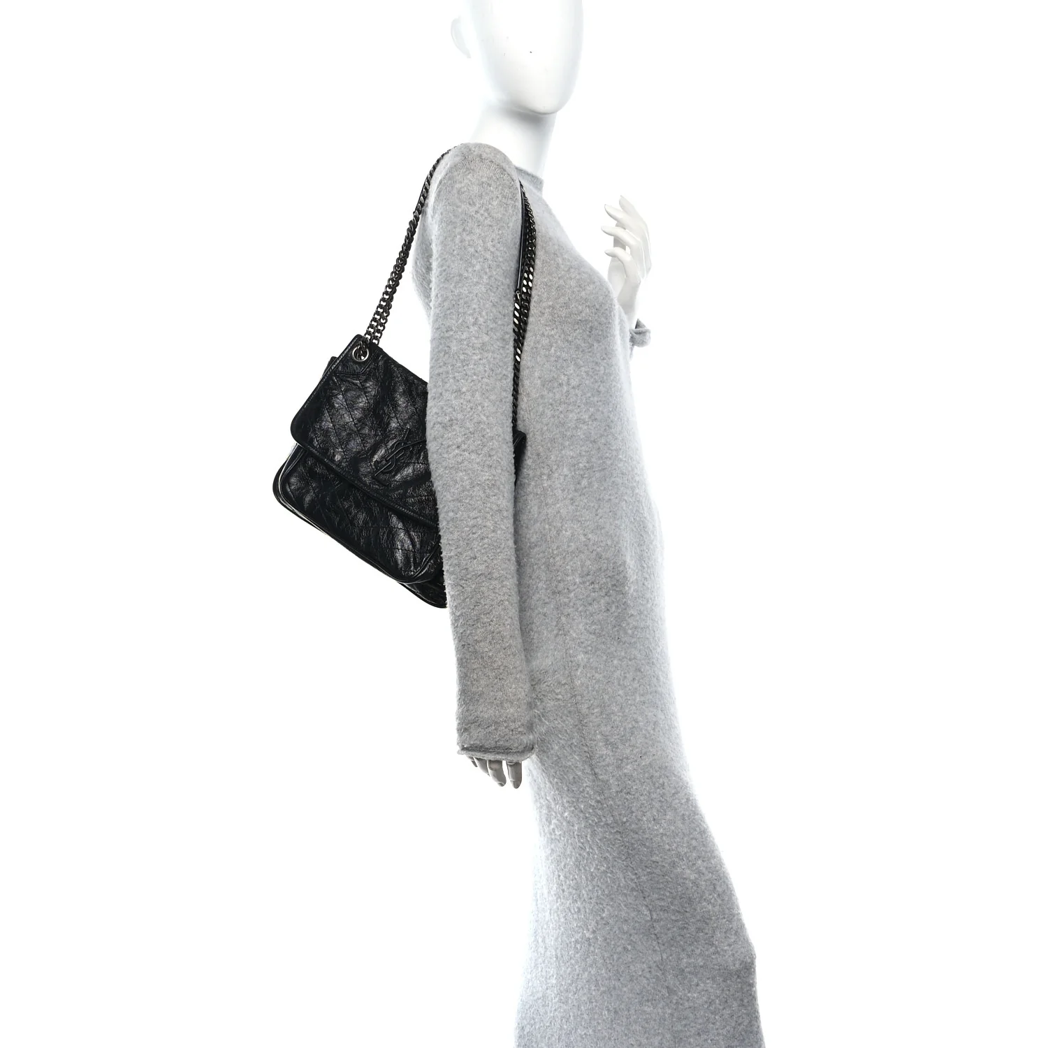 Crinkled Calfskin Matelasse Monogram Medium Niki Chain Satchel Black - Image 2