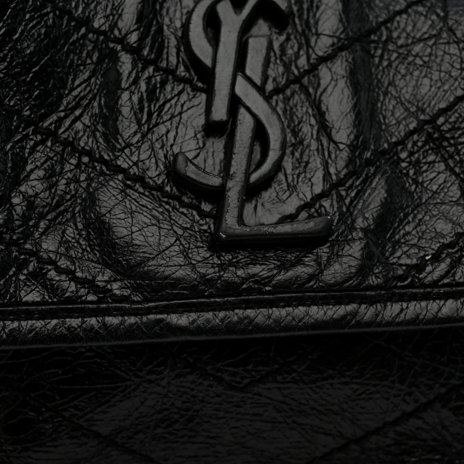 Crinkled Calfskin Matelasse Monogram Medium Niki Chain Satchel Black - Image 14