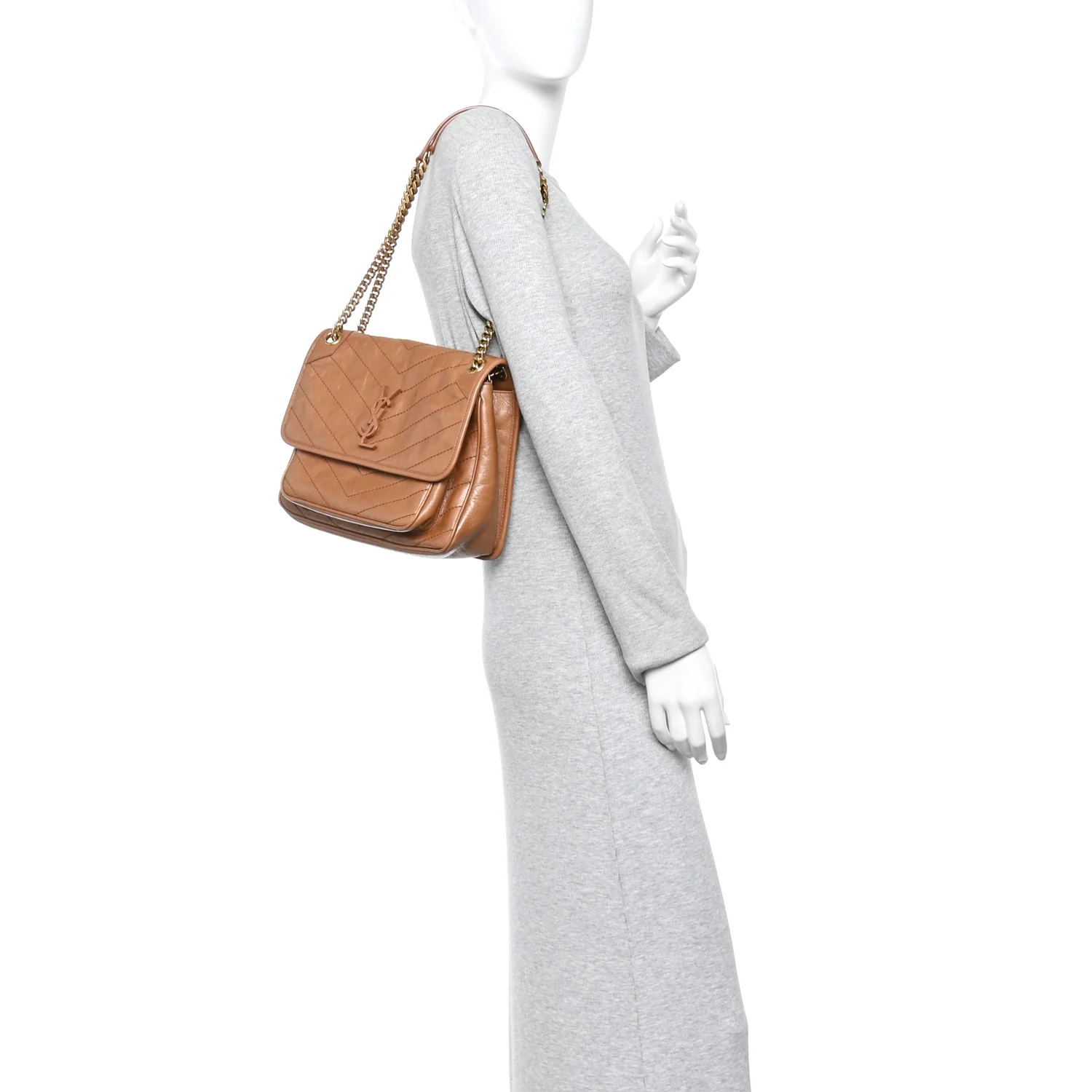 Crinkled Calfskin Matelasse Monogram Medium Niki Chain Satchel Caramel - Image 2