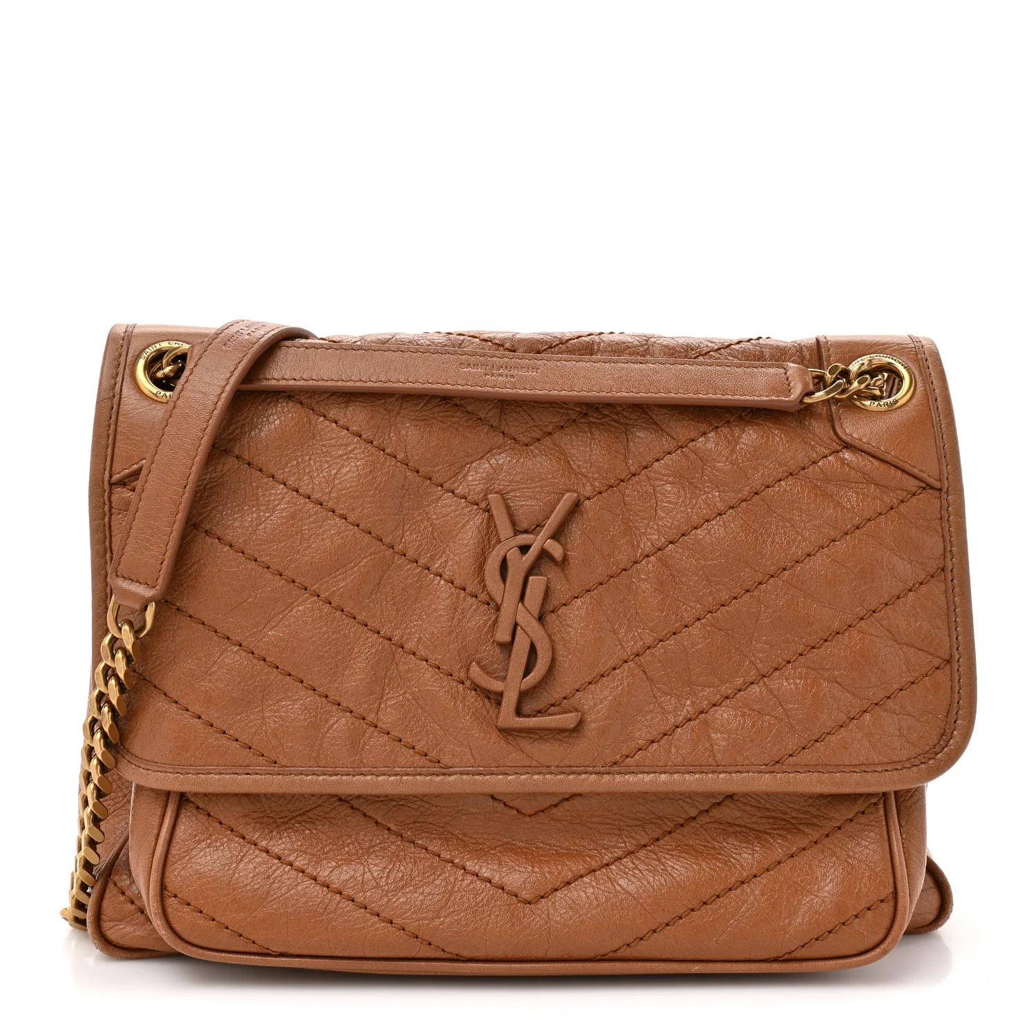 Crinkled Calfskin Matelasse Monogram Medium Niki Chain Satchel Caramel