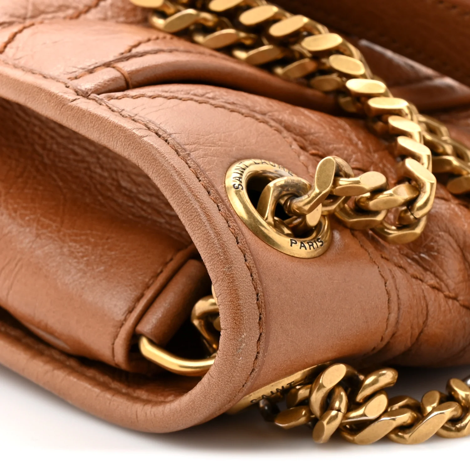 Crinkled Calfskin Matelasse Monogram Medium Niki Chain Satchel Caramel - Image 14