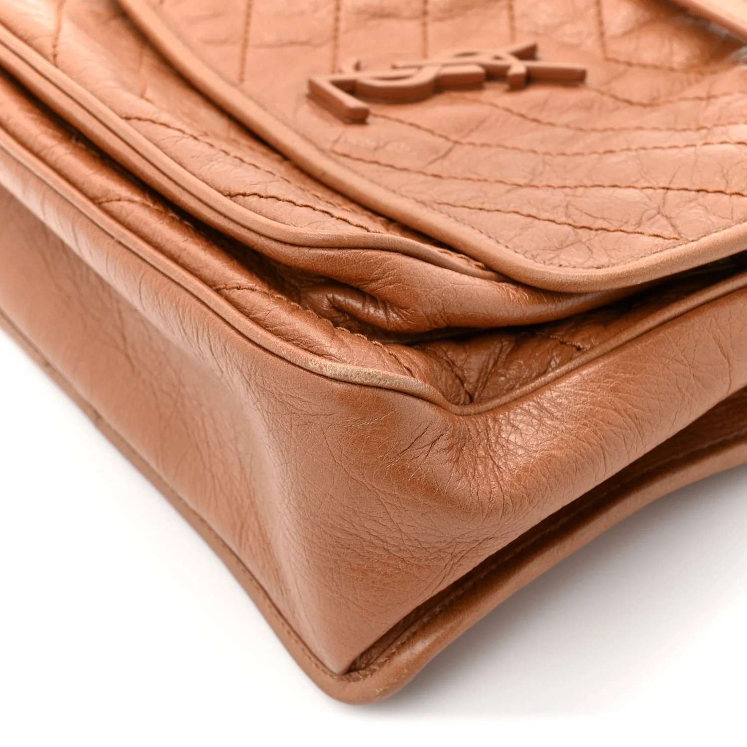 Crinkled Calfskin Matelasse Monogram Medium Niki Chain Satchel Caramel - Image 9