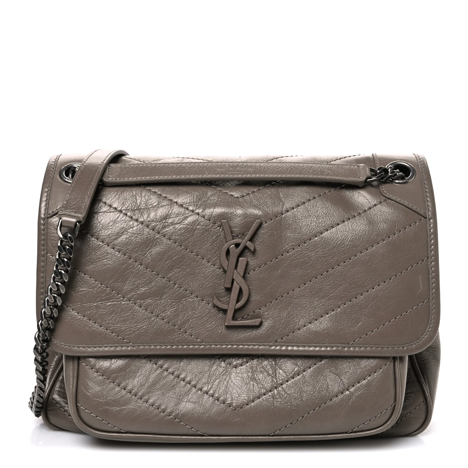 Crinkled Calfskin Matelasse Monogram Medium Niki Chain Satchel Greyish Brown
