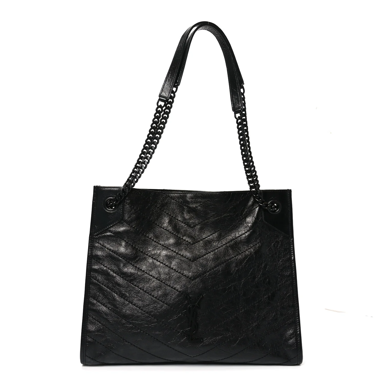 Crinkled Calfskin Matelasse Monogram Medium Niki Shopper Tote Black
