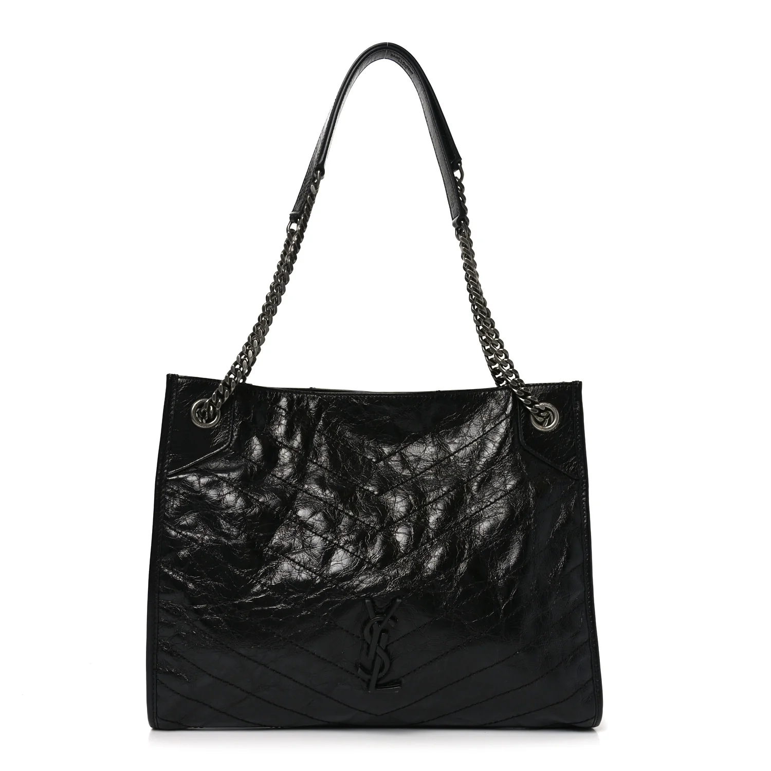 Crinkled Calfskin Matelasse Monogram Medium Niki Shopper Tote Black