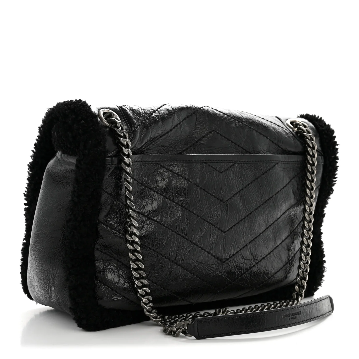 Crinkled Calfskin Shearling Monogram Medium Niki Chain Satchel Black - Image 3
