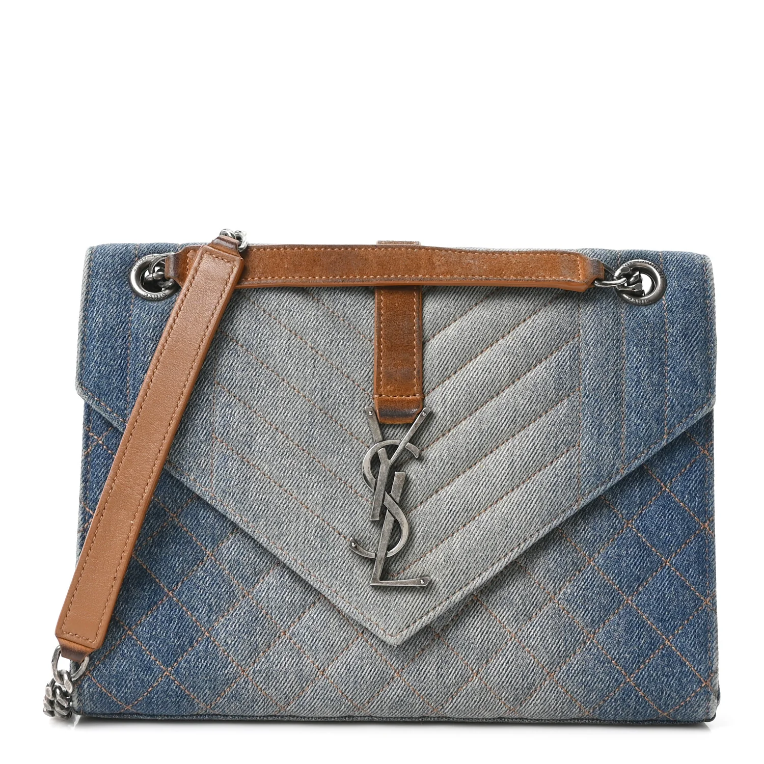 Denim Mixed Matelasse Triquilt Medium Monogram Envelope Satchel Blue