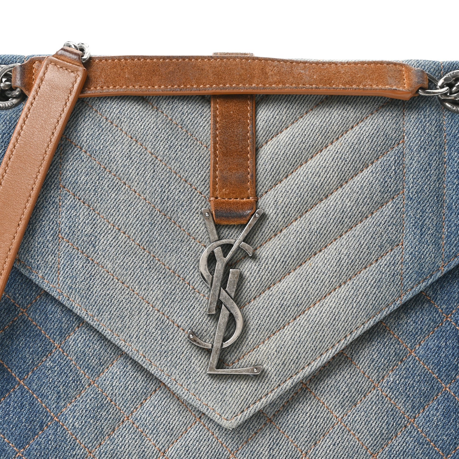 Denim Mixed Matelasse Triquilt Medium Monogram Envelope Satchel Blue - Image 7