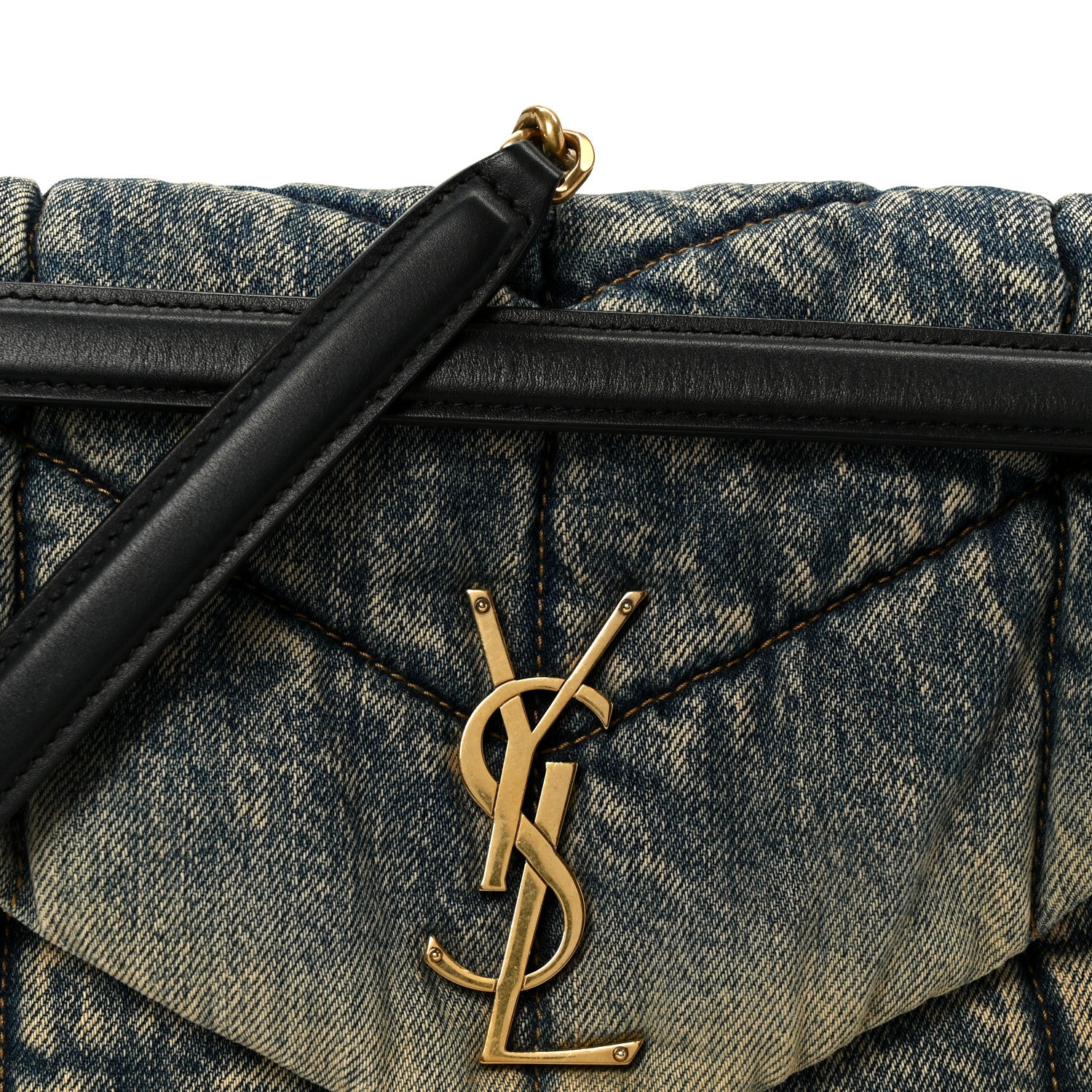 Denim Quilted Medium Loulou Puffer Monogram Chain Satchel Black Blue - Image 8