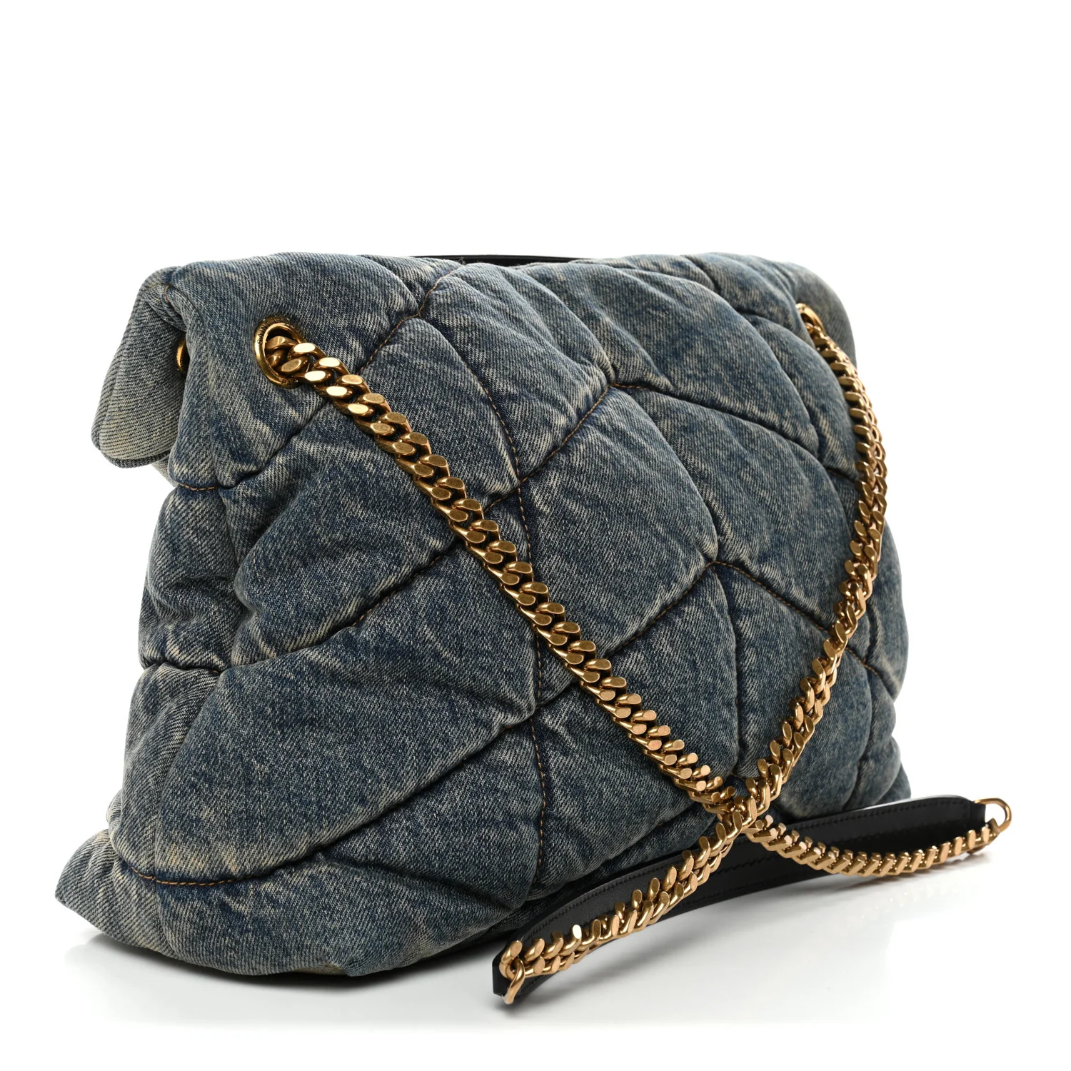 Denim Quilted Medium Loulou Puffer Monogram Chain Satchel Blue Cinnamon - Image 3