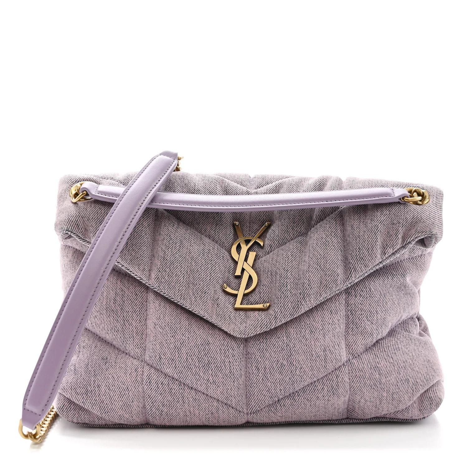 Denim Quilted Small Loulou Puffer Monogram Chain Satchel Bleached Lilac