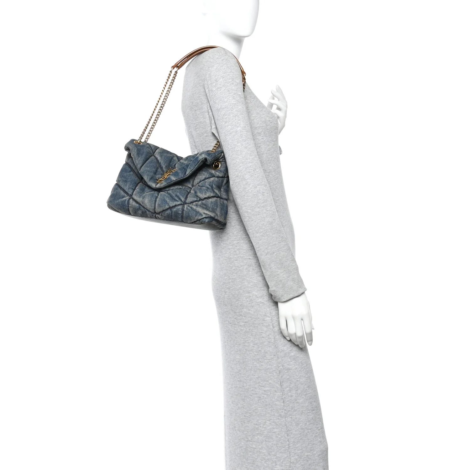 Denim Quilted Small Loulou Puffer Monogram Chain Satchel Blue Cinnamon - Image 2