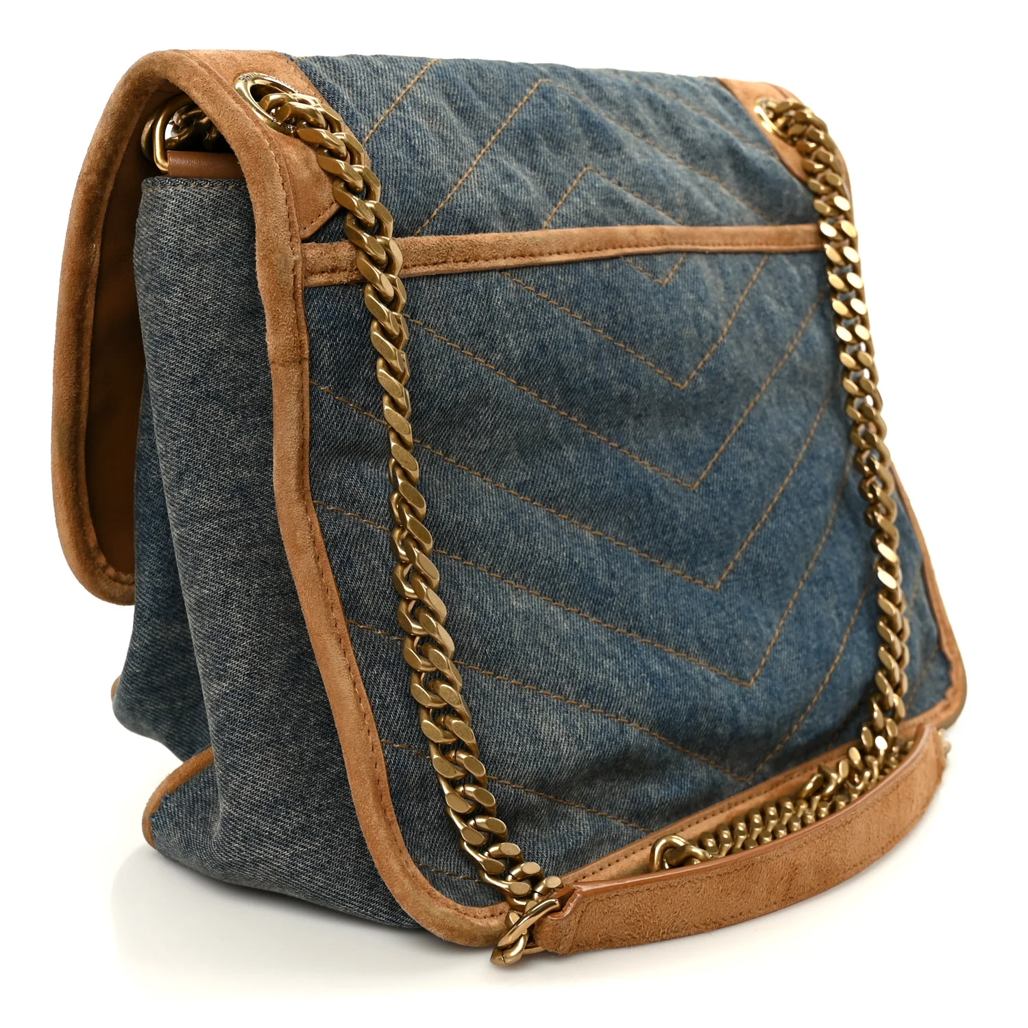 Denim Suede Monogram Medium Niki Chain Satchel Blue Cinnamon - Image 3