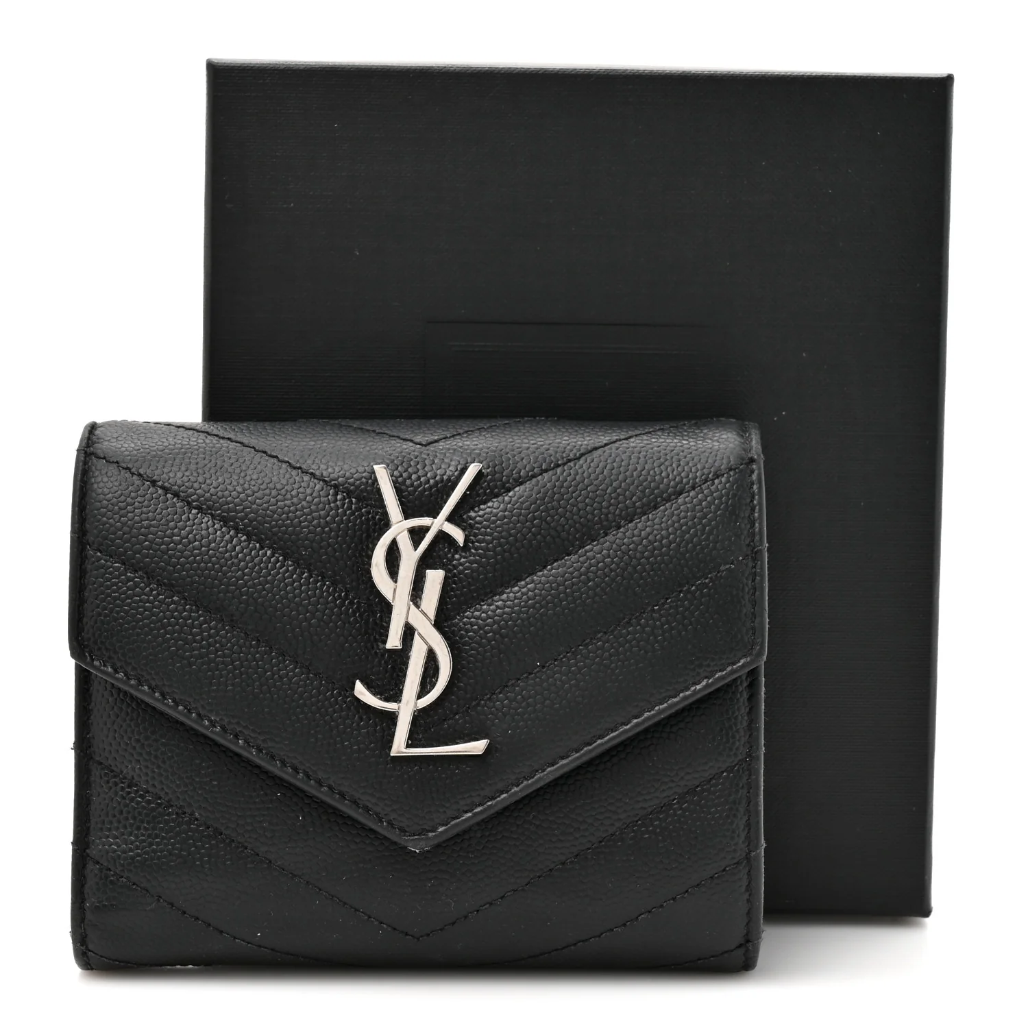 Grain De Poudre Matelasse Chevron Monogram Compact Tri Fold Wallet Black - Image 12