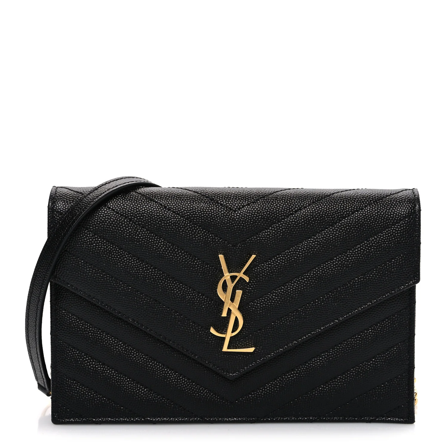 Grain De Poudre Matelasse Chevron Monogram Envelope Chain Wallet Black