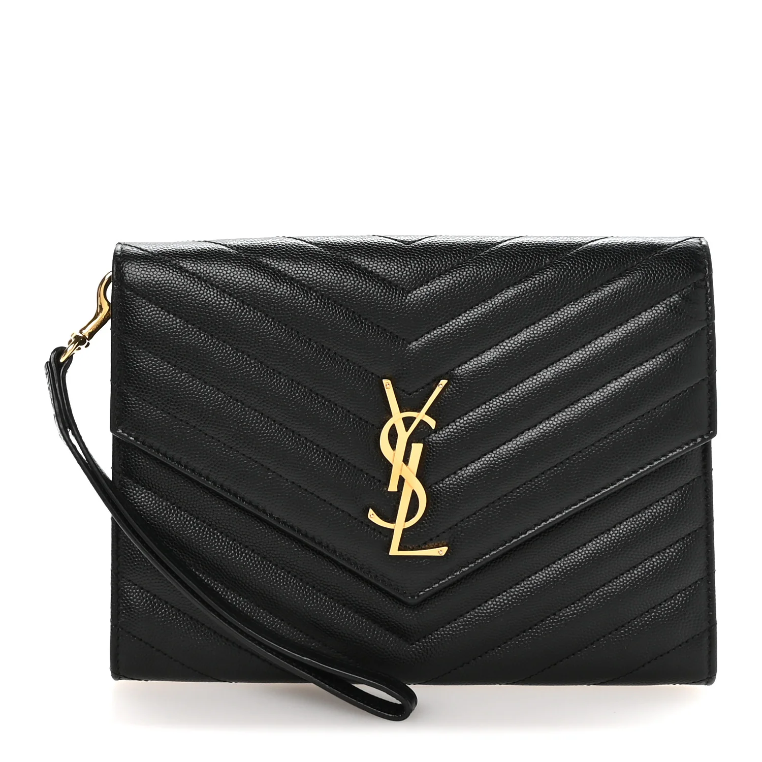 Grain De Poudre Matelasse Chevron Monogram Envelope Clutch Black