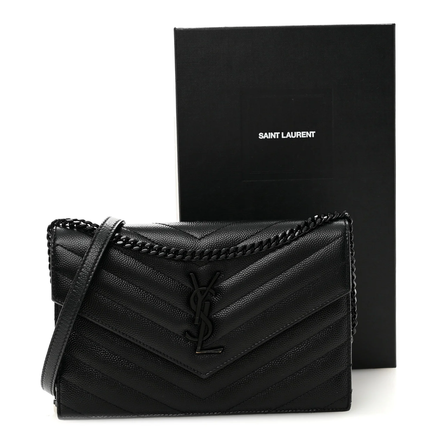 Grain De Poudre Matelasse Chevron Monogram Monochrome Envelope Chain Wallet Black - Image 12