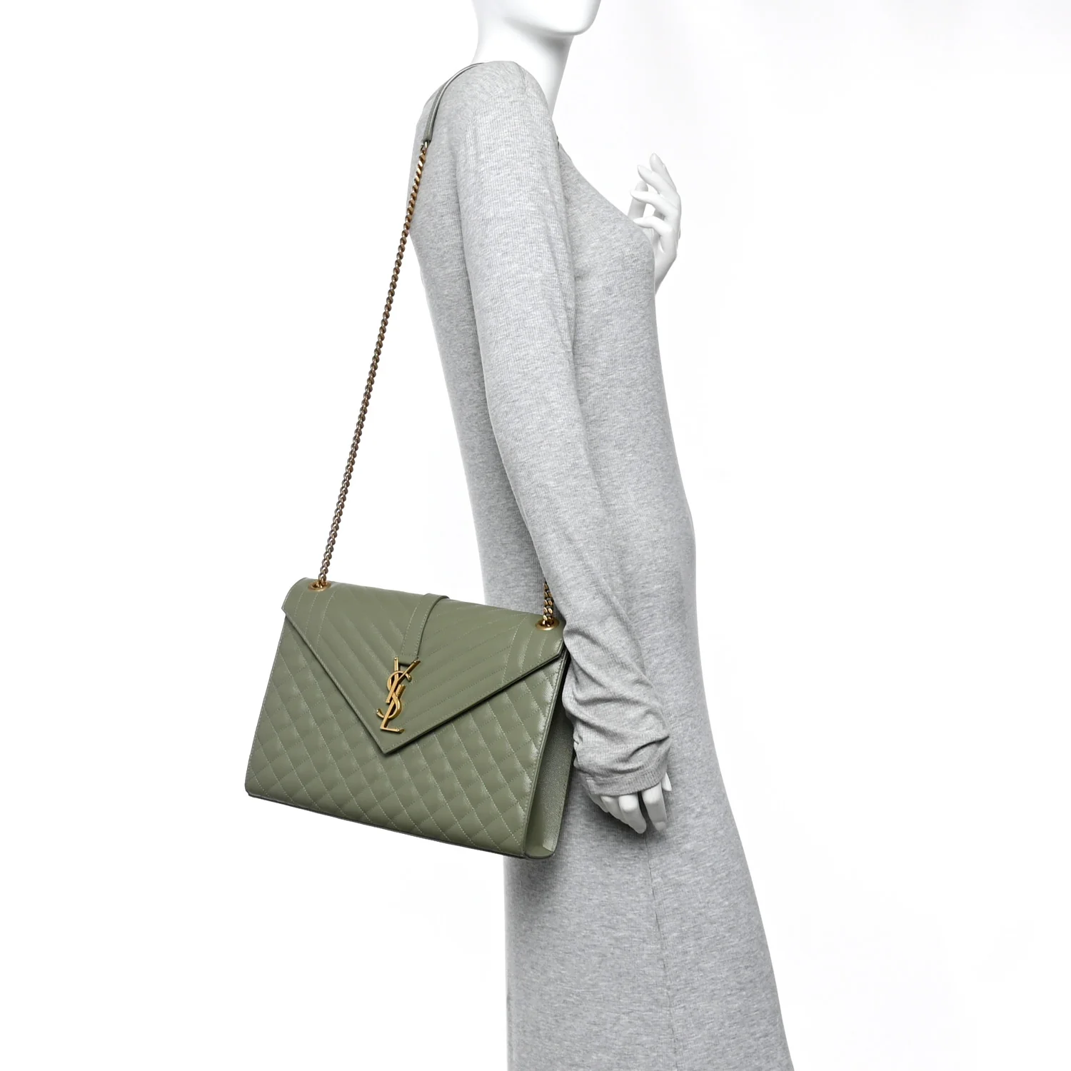 Grain De Poudre Textured Mixed Matelasse Large Triquilt Monogram Satchel Light Sage - Image 2