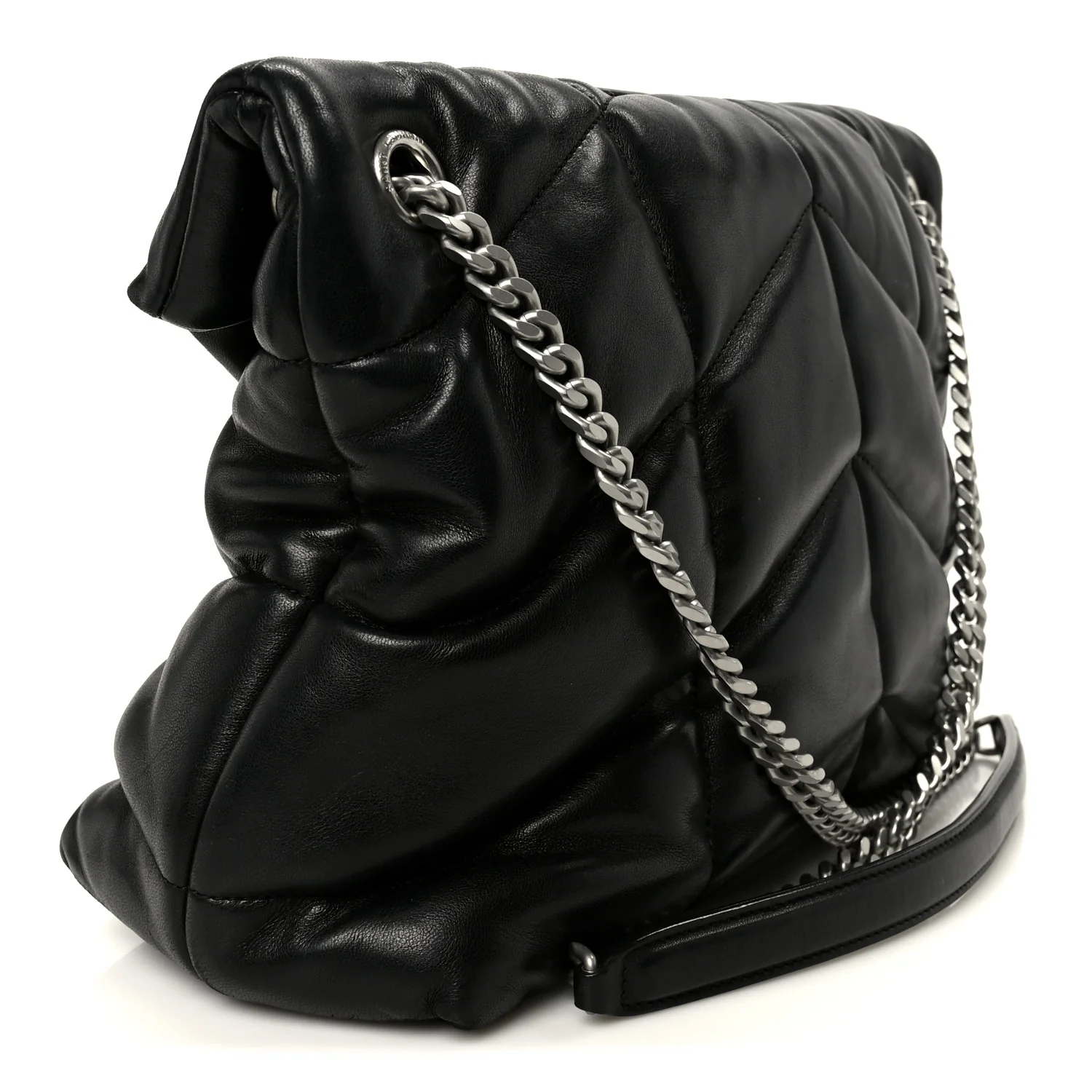 Lambskin Quilted Medium Loulou Puffer Monogram Chain Satchel Black - Image 3