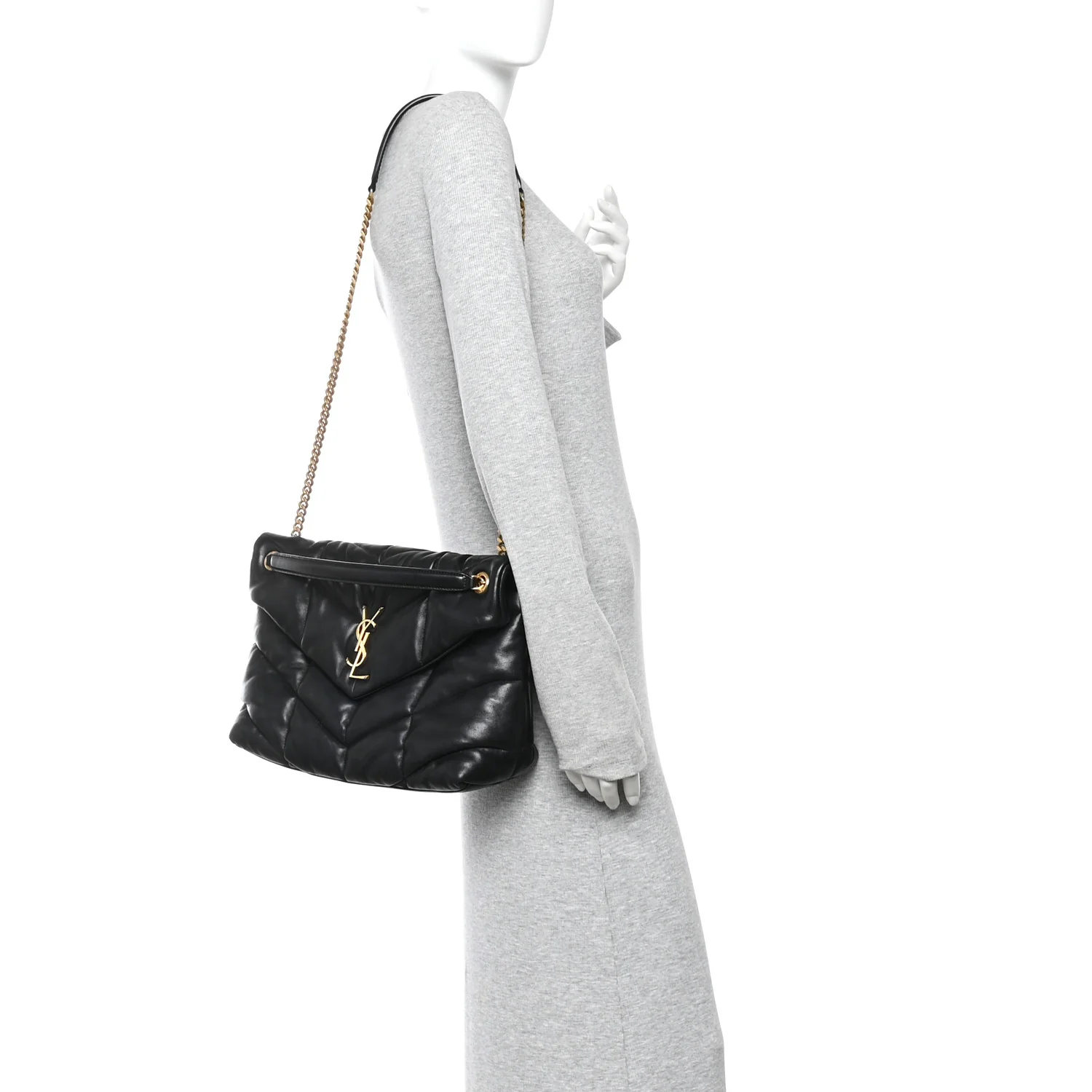 Lambskin Quilted Medium Loulou Puffer Monogram Chain Satchel Black - Image 2