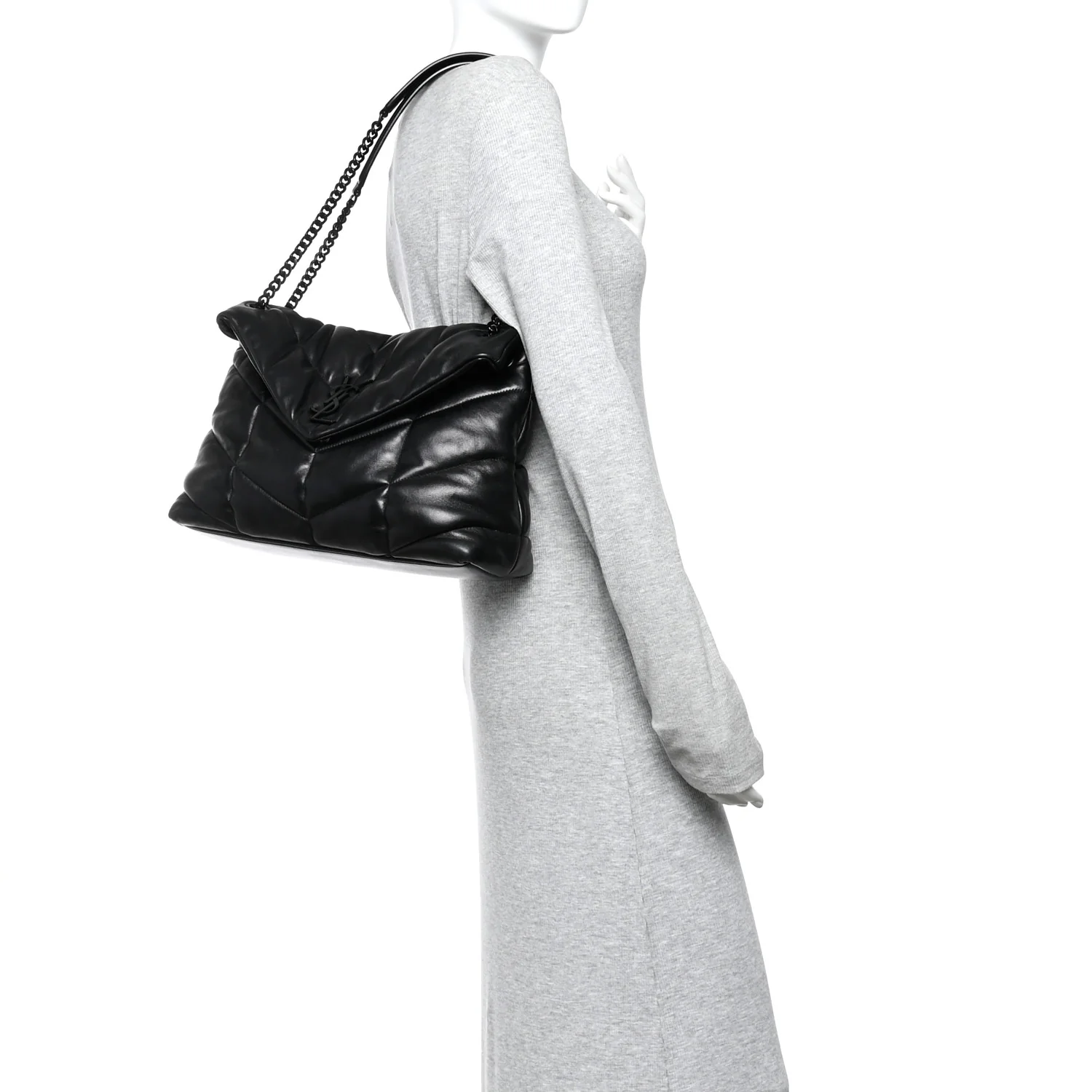 Lambskin Quilted Monogram Monochrome Medium Loulou Puffer Chain Satchel Black - Image 2