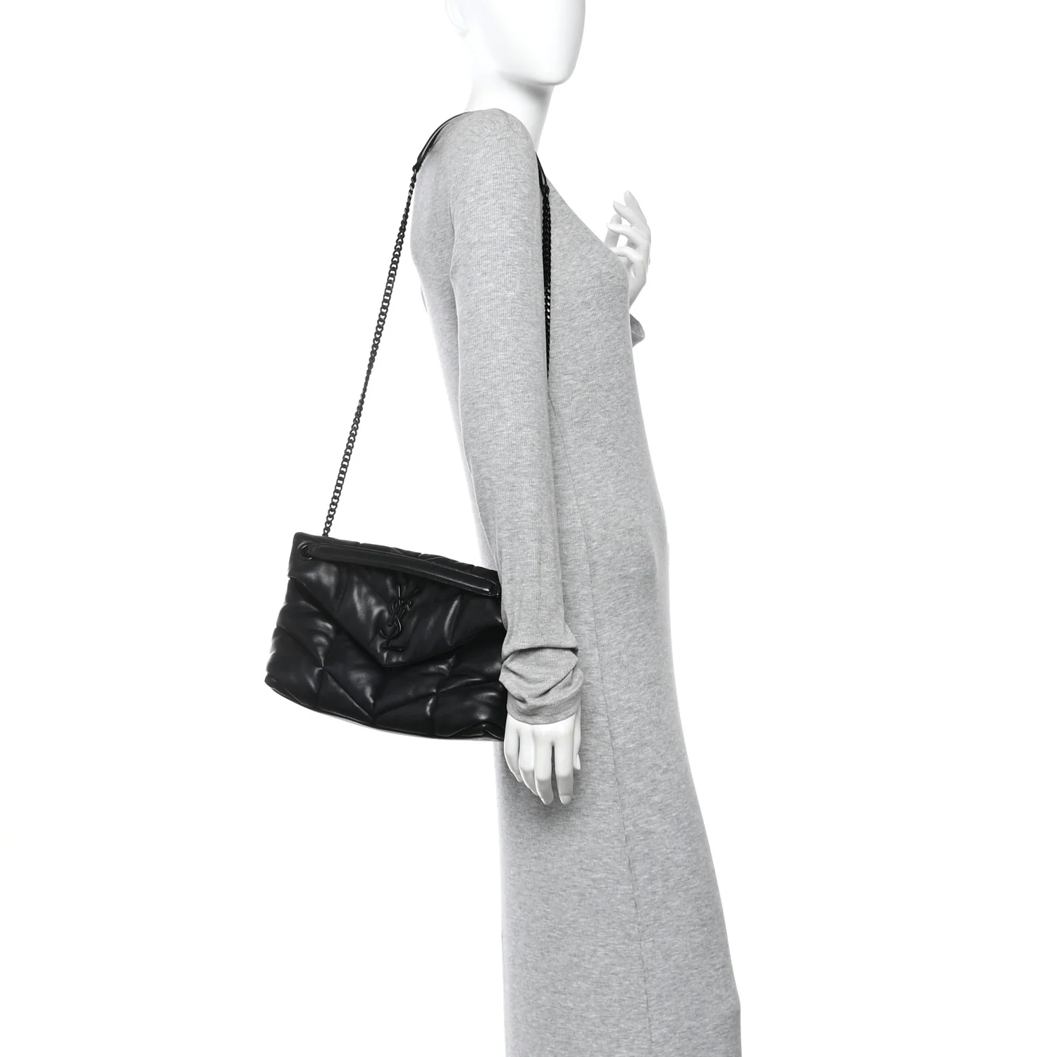 Lambskin Quilted Monogram Monochrome Small Loulou Puffer Chain Satchel Black - Image 2