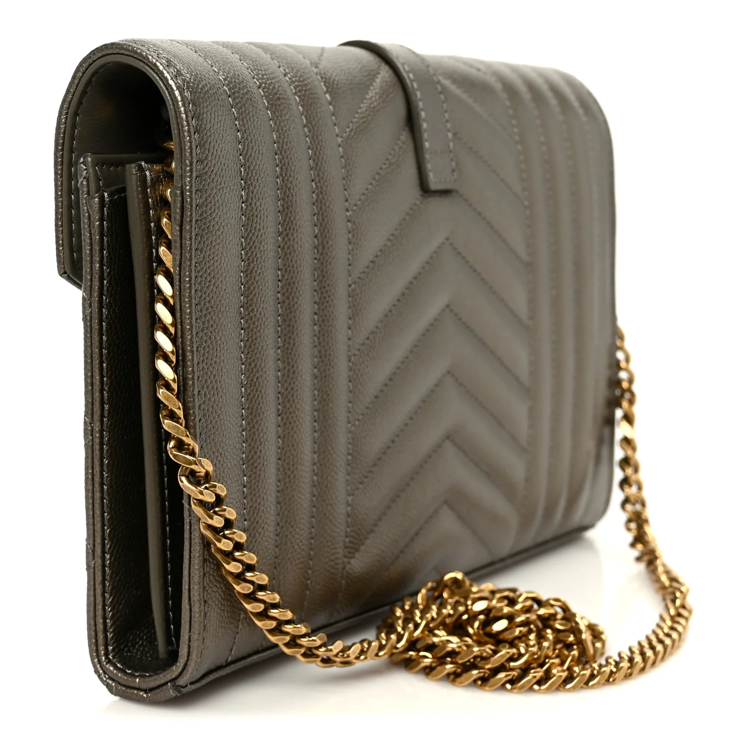 Metallic Grain De Poudre Mixed Matelasse Triquilt Monogram Chain Wallet Piombo - Image 3