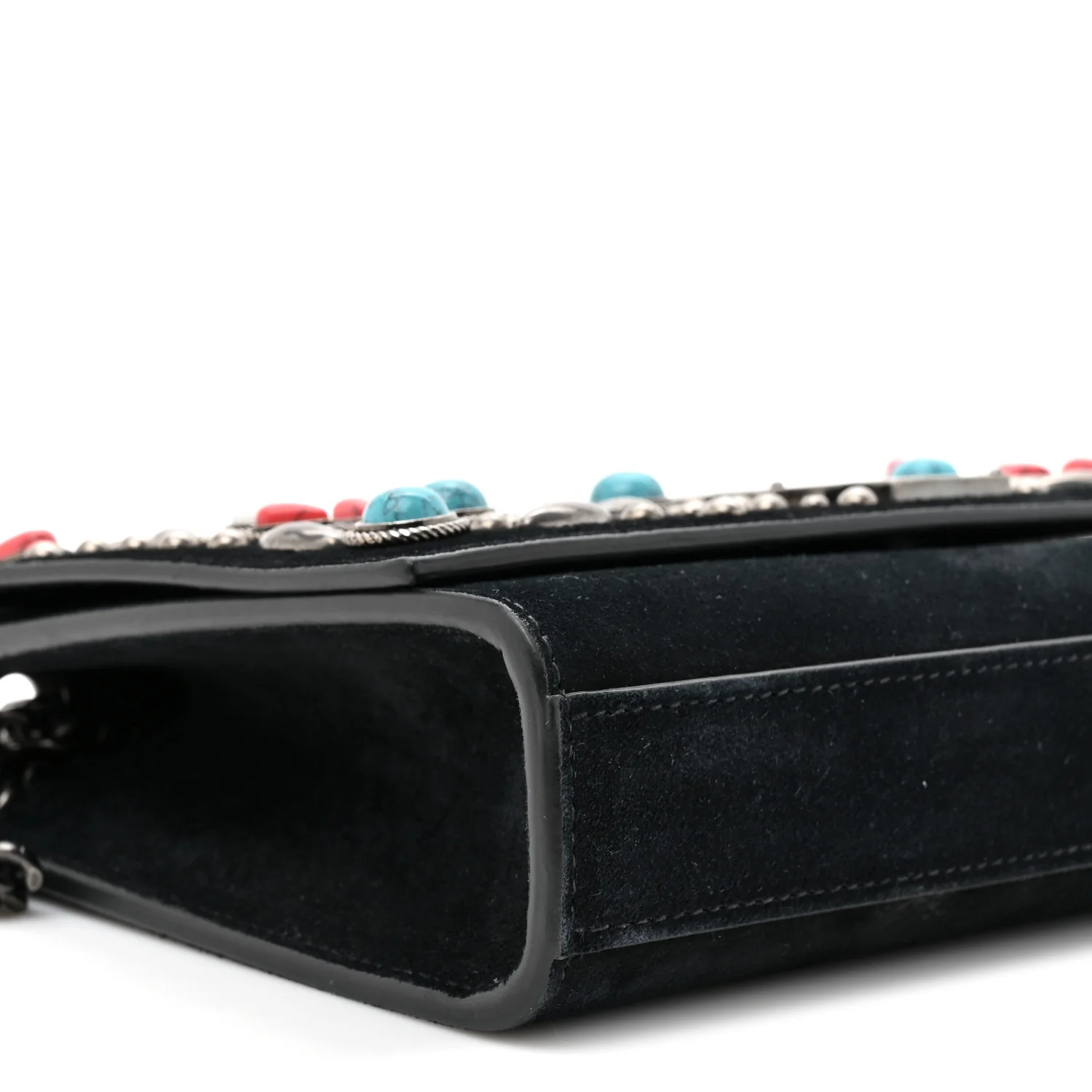 Suede Small Monogram Stone Studded Kate Satchel Black Turquoise Coral - Image 10