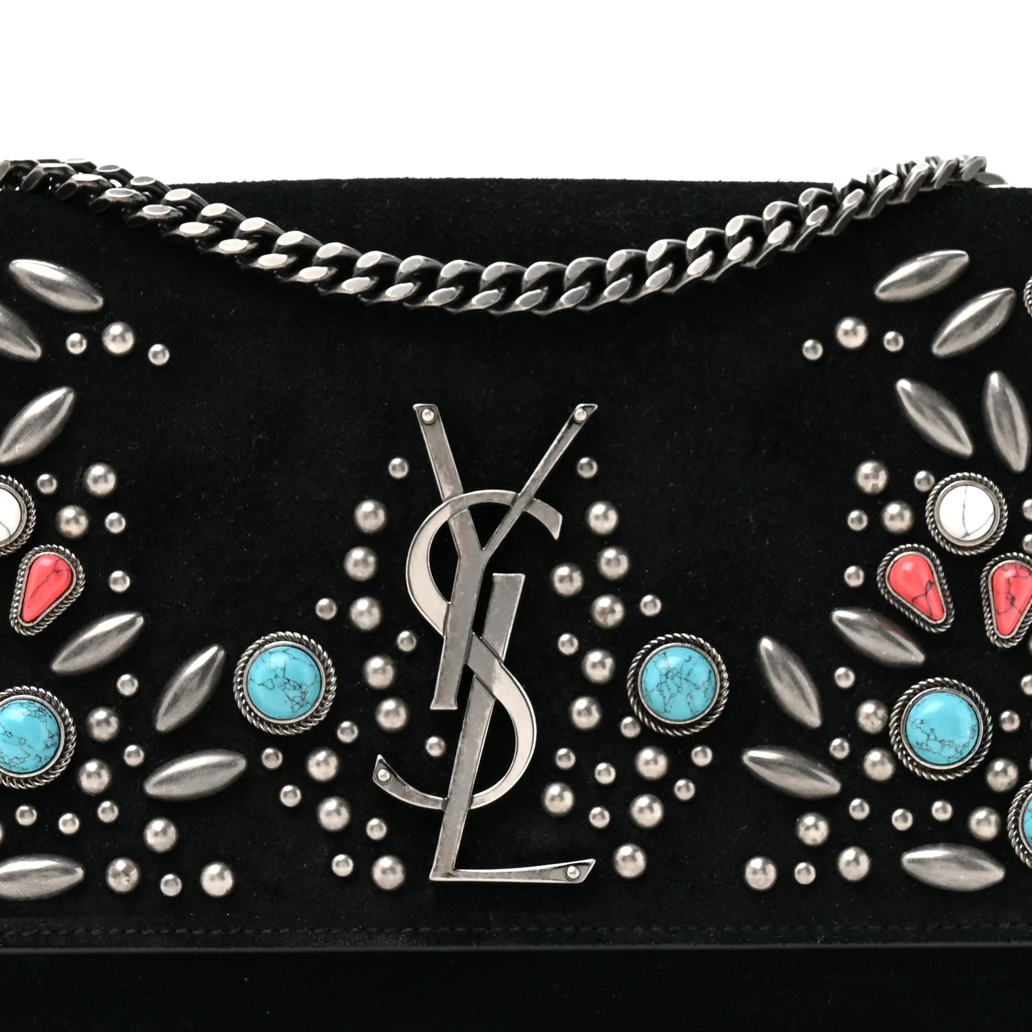 Suede Small Monogram Stone Studded Kate Satchel Black Turquoise Coral - Image 8