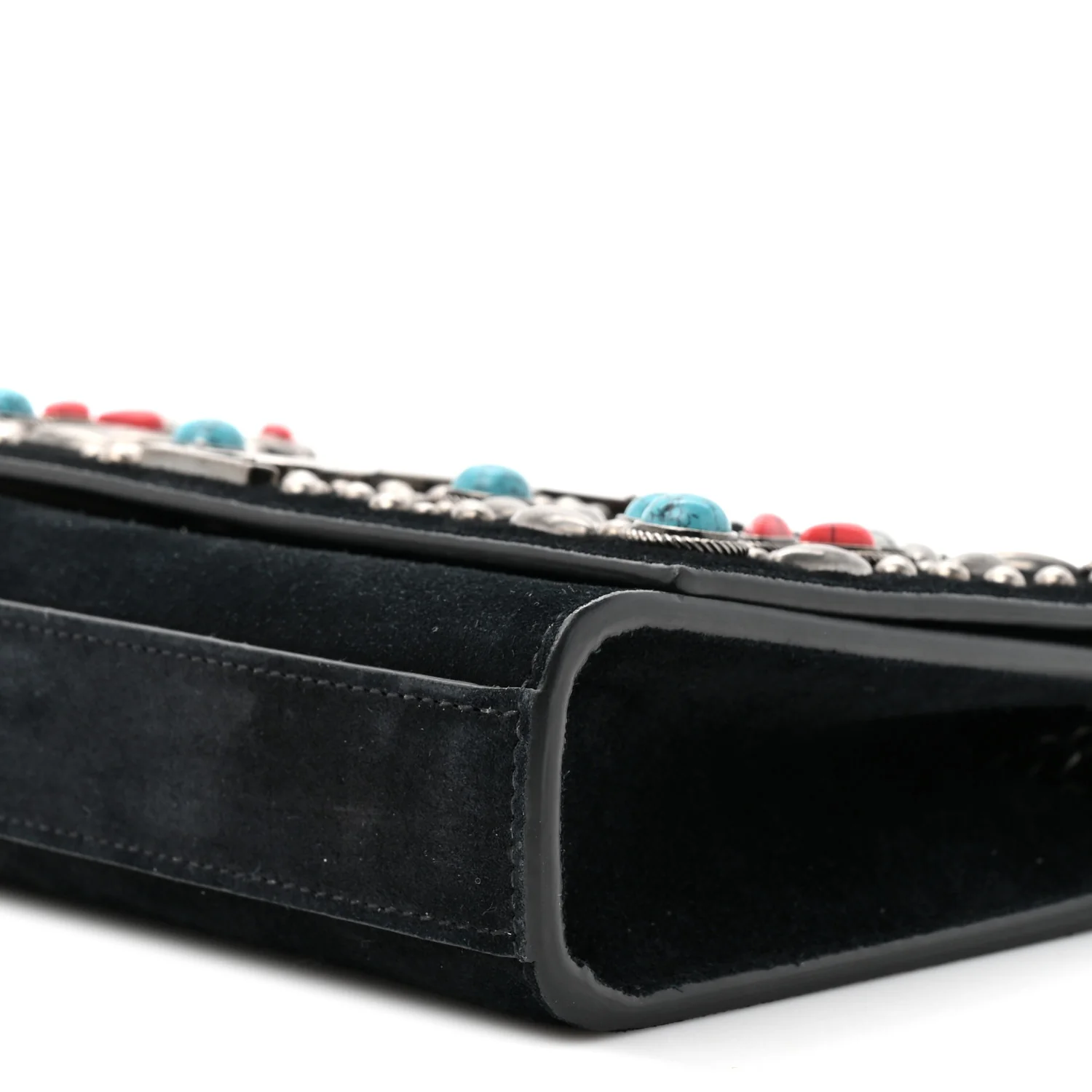 Suede Small Monogram Stone Studded Kate Satchel Black Turquoise Coral - Image 9