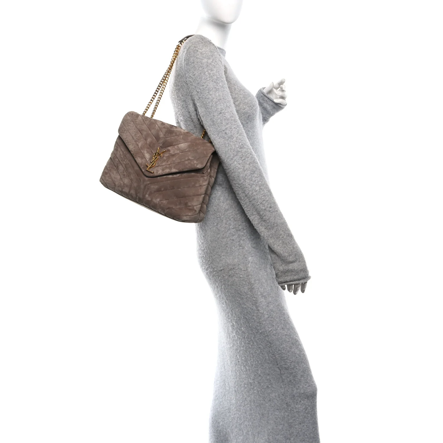 Suede Y Quilted Monogram Medium Loulou Chain Satchel Taupe - Image 2