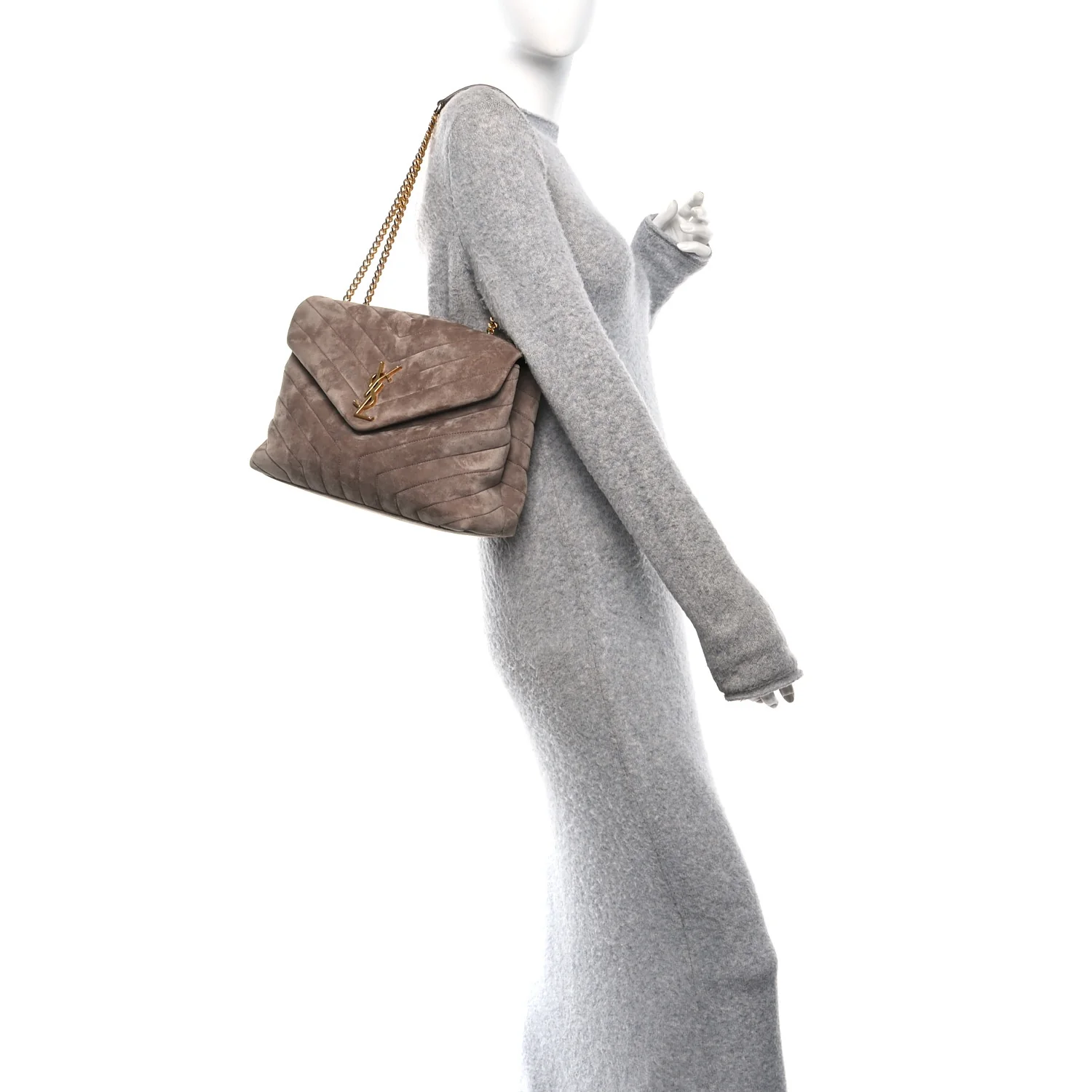 Suede Y Quilted Monogram Medium Loulou Chain Satchel Taupe - Image 2