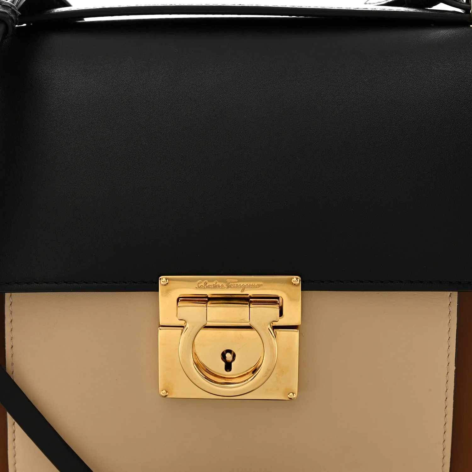 Calfskin Gancio Lock Marisol Top Handle Satchel Ecorce Black - Image 7
