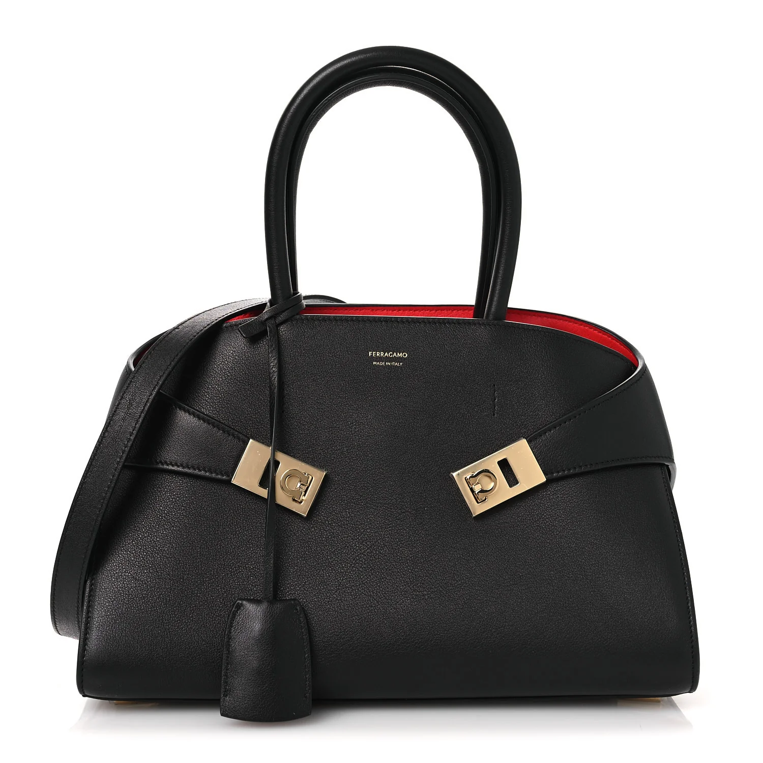 Calfskin Medium Hug Soft Bicolor Shoulder Bag Black Flame Red