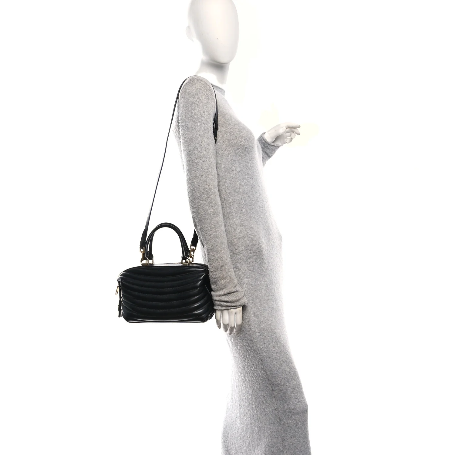 Calfskin Quilted Bowling Top Handle Shoulder Bag Black - Image 2