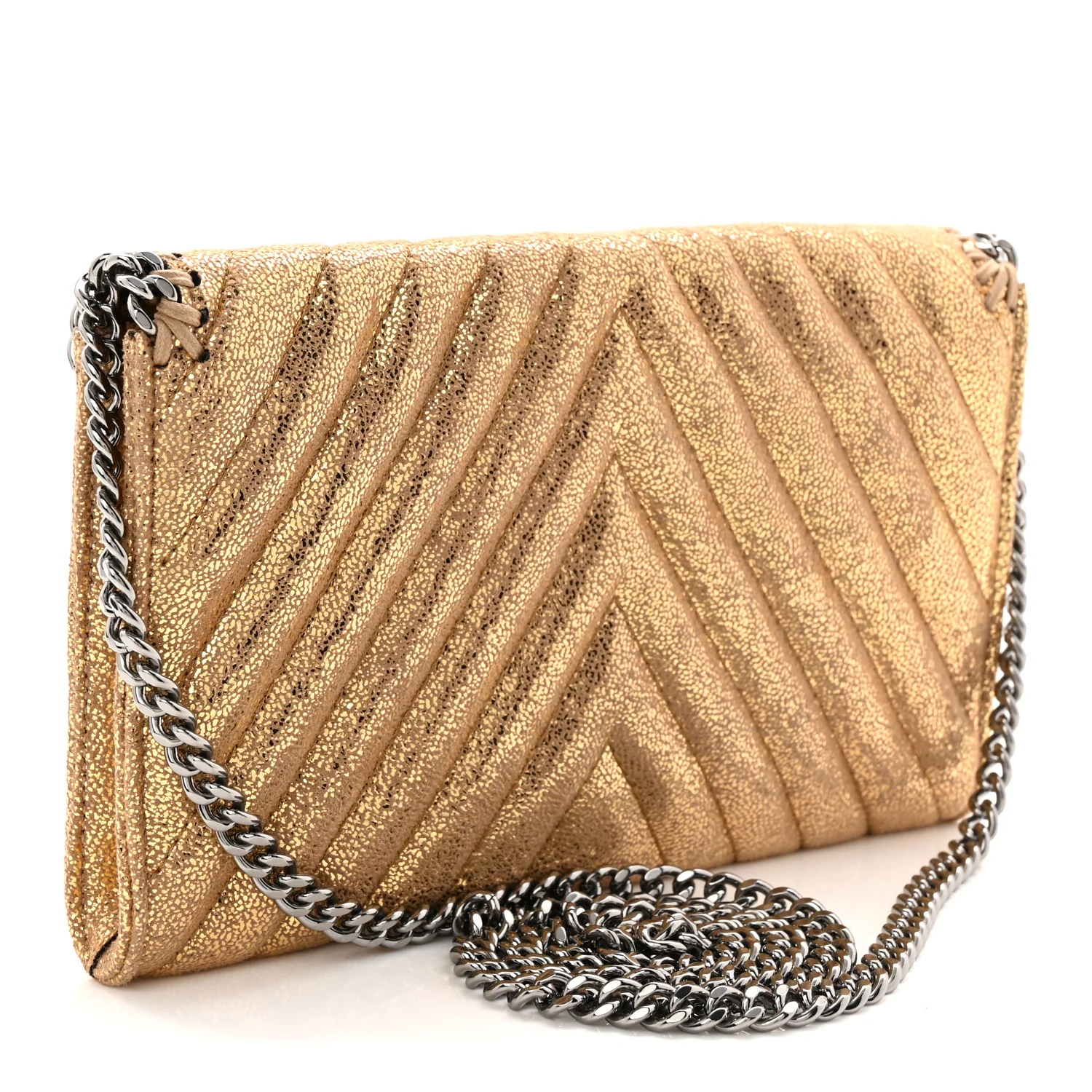 Metallic Shaggy Deer Chevron Quilted Mini Fold Over Falabella Gold - Image 3