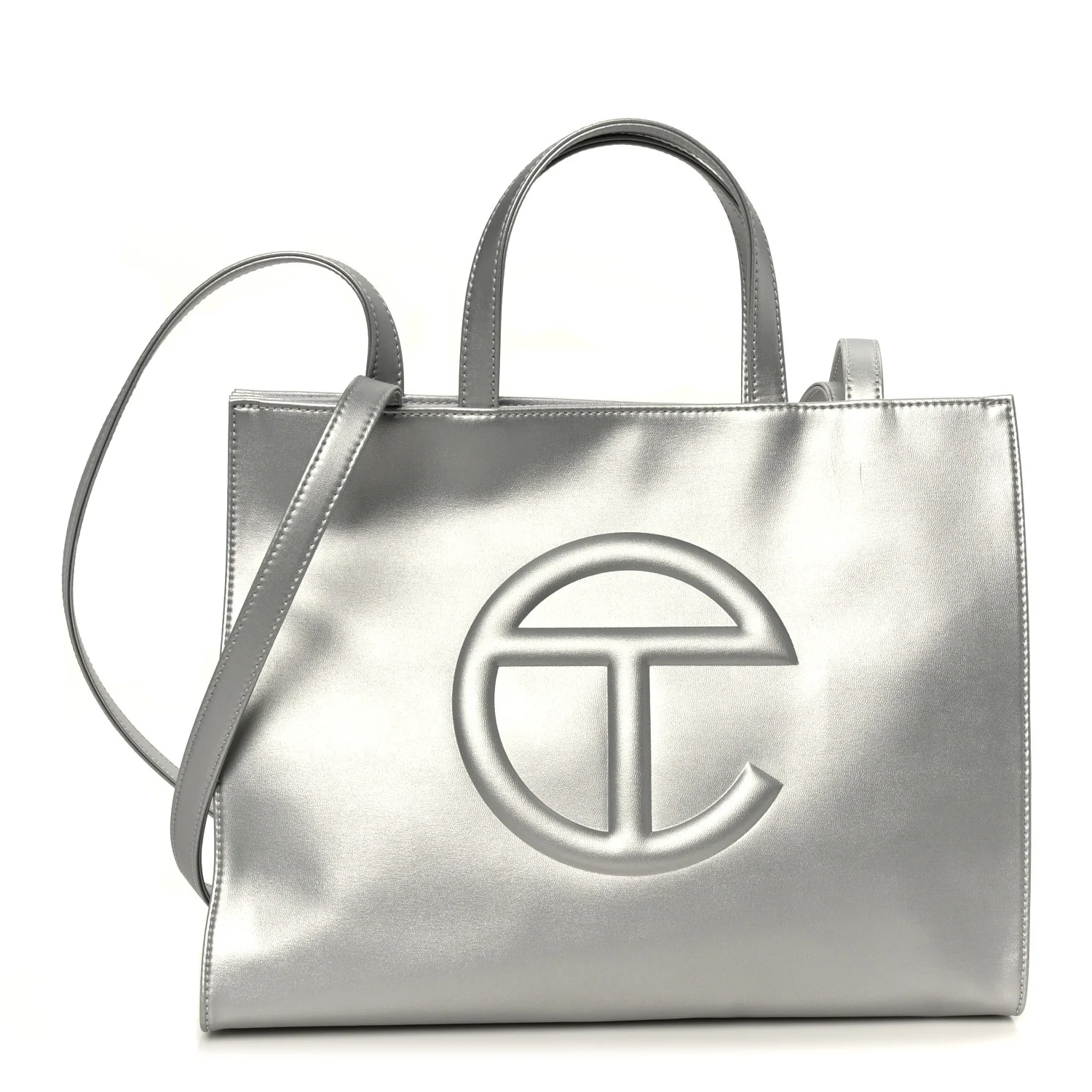 Metallic Vegan Leather Medium Shopping Bag Silver